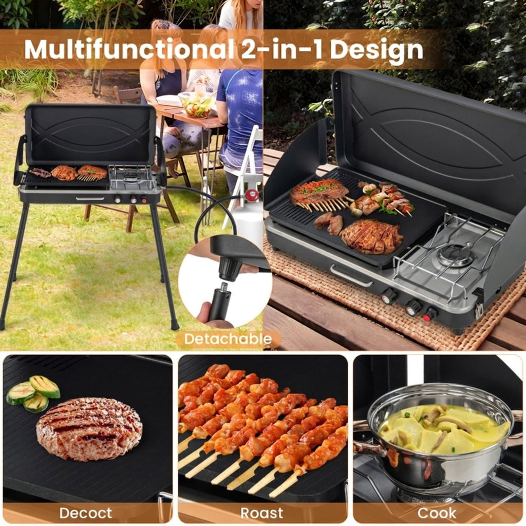 Biotree 2-in-1 Portable Gas Camping Grill and Stove, 20,000 BTU Propane Tabletop BBQ Grill, Foldable Camp Stove with Detachable Legs for Camping Picnic Backyard Black