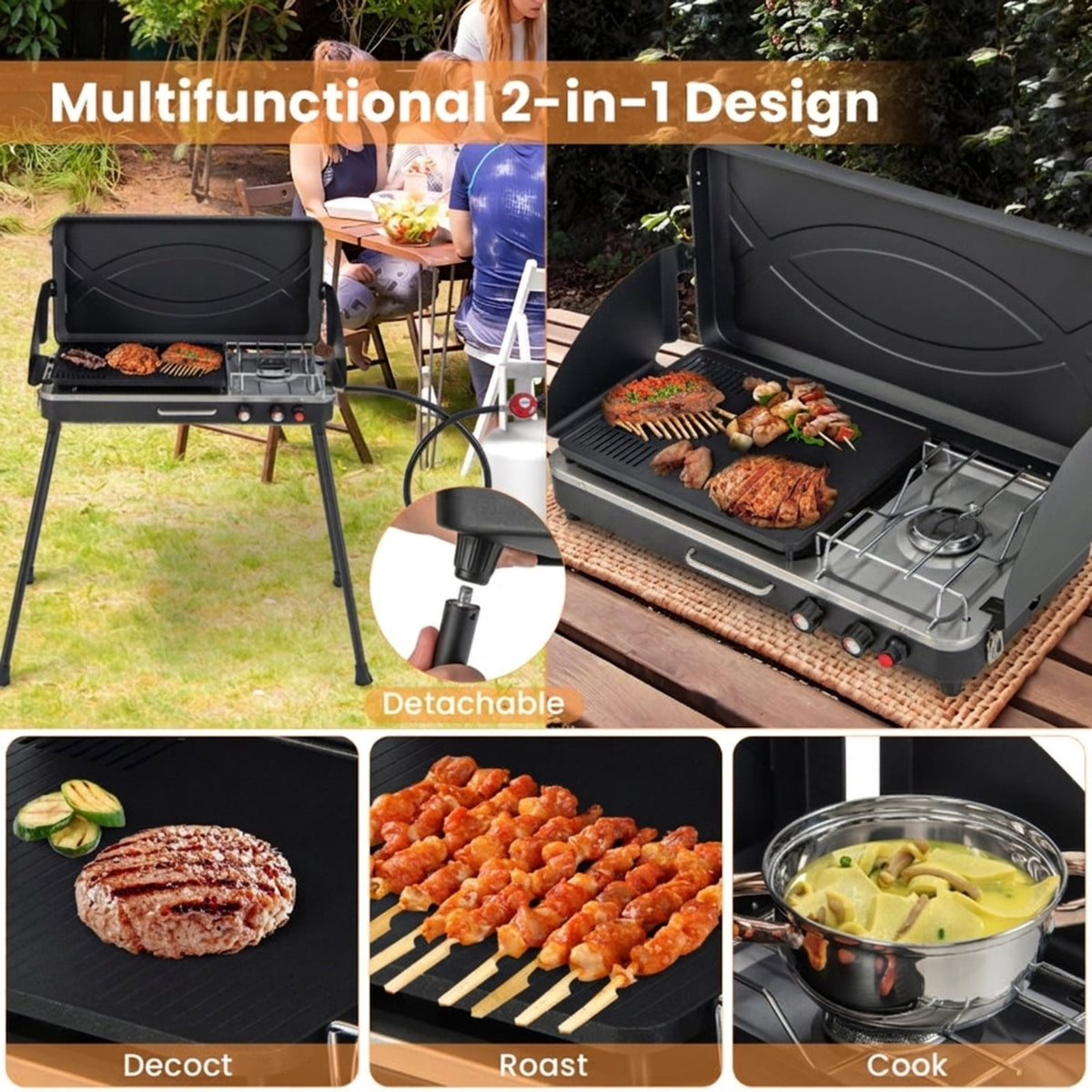 Biotree 2-in-1 Portable Gas Camping Grill and Stove, 20,000 BTU Propane Tabletop BBQ Grill, Foldable Camp Stove with Detachable Legs for Camping Picnic Backyard Black