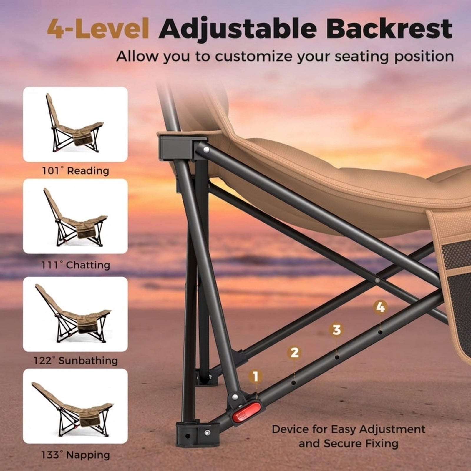 Biotree Portable Folding Outdoor Camping Chair with Cup Holder for Beach Picnic Tailgating, Khaki