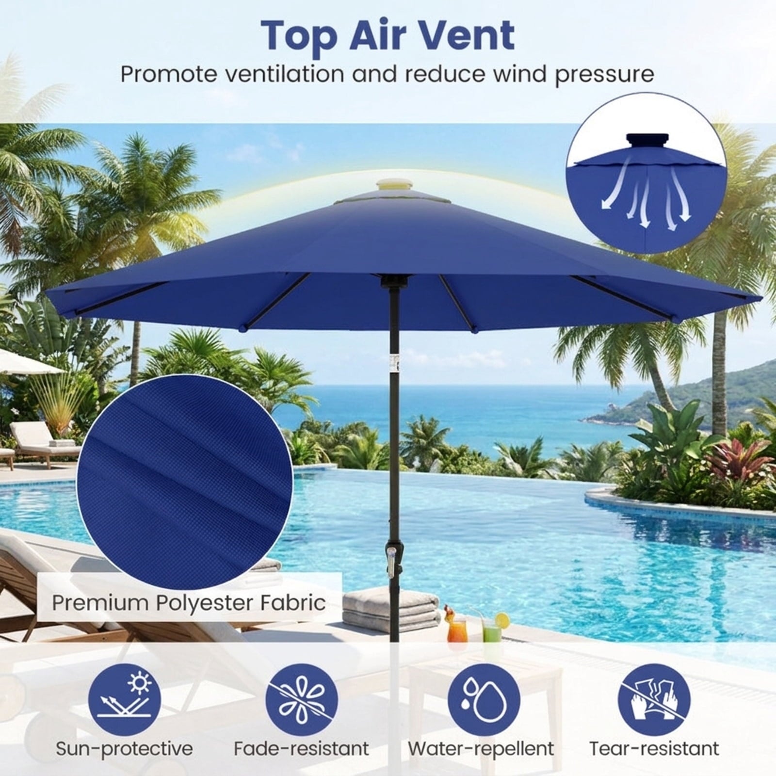 Biotree 10 ft Market Patio Umbrella with Crank and Tilt, 8 Sturdy Ribs, Vented Canopy - Navy Blue for Backyard