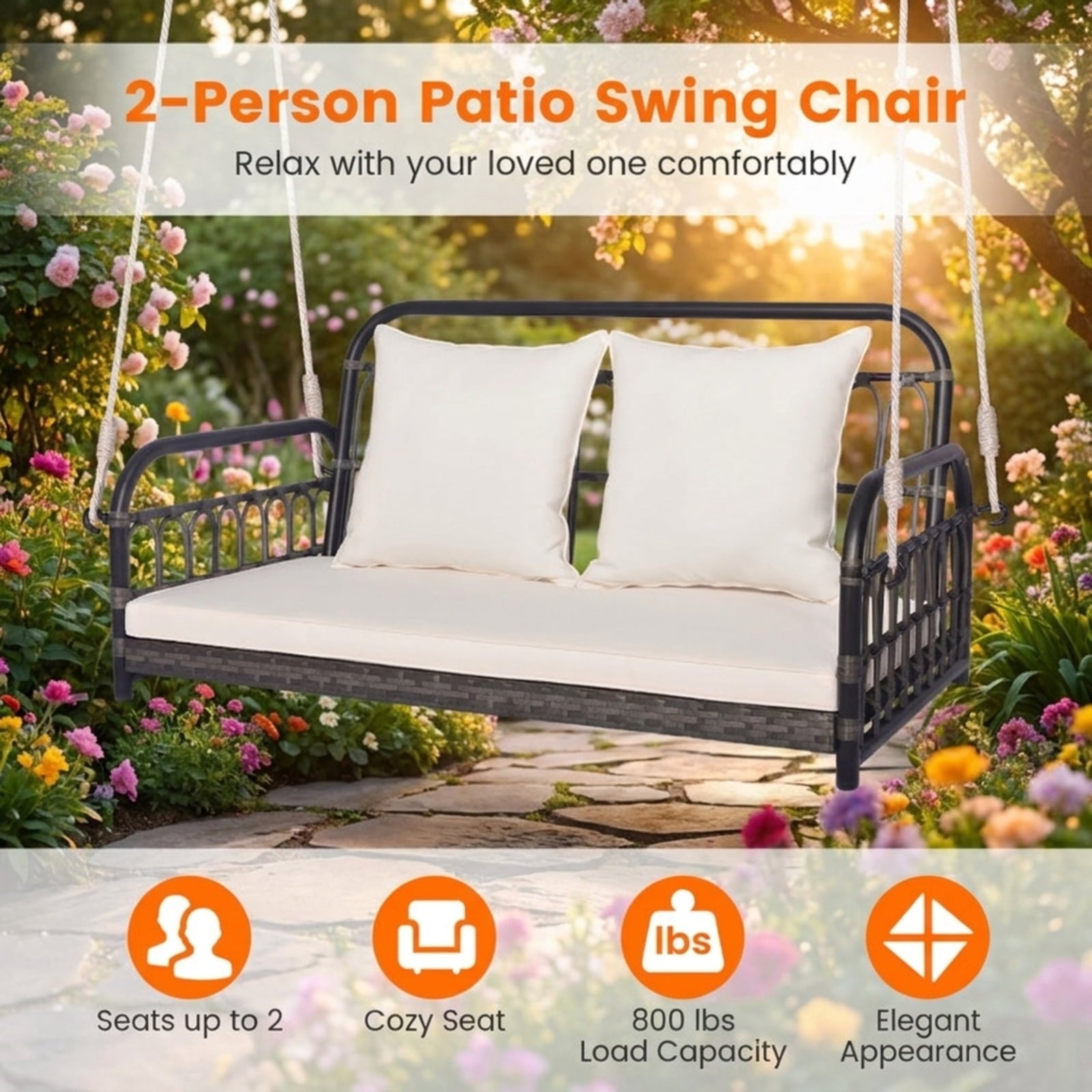Biotree 2-Person Outdoor Hanging Chair with Ropes for Patio Porch Garden Backyard Outdoor, Gray
