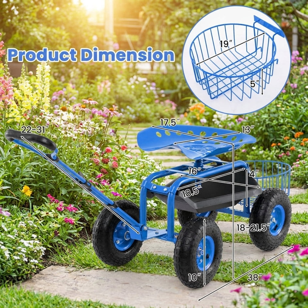 Biotree Heavy Duty Garden Cart with Tool Tray and 360 Swivel Seat for Garden Yard Lawn Work Outdoor, Blue