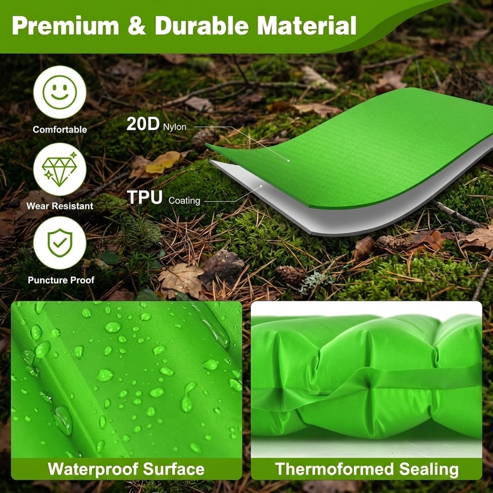 Biotree 3 Inch Thick Inflatable Waterproof Camping Sleeping Pad with Built-In Pump Portable Sleeping Mat for Outdoor, Green