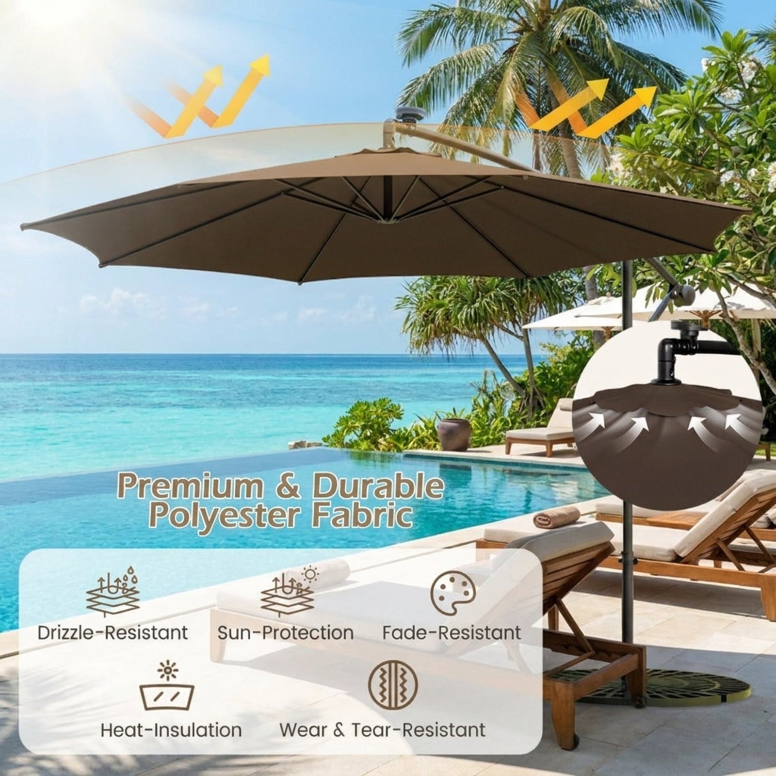 Biotree 10 ft Cantilever Offset Patio Umbrella Solar LED Lights Outdoor Shade - Brown - UV Protection