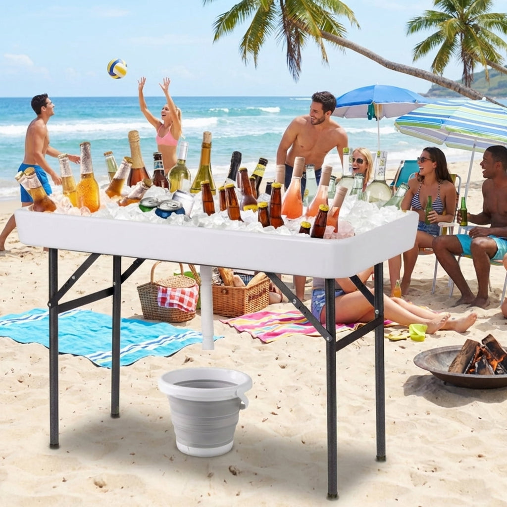Biotree 4 Feet Folding Ice Cooler Table with Matching Skirt Portable Party Table with Built-In Ice Bin for Events, White