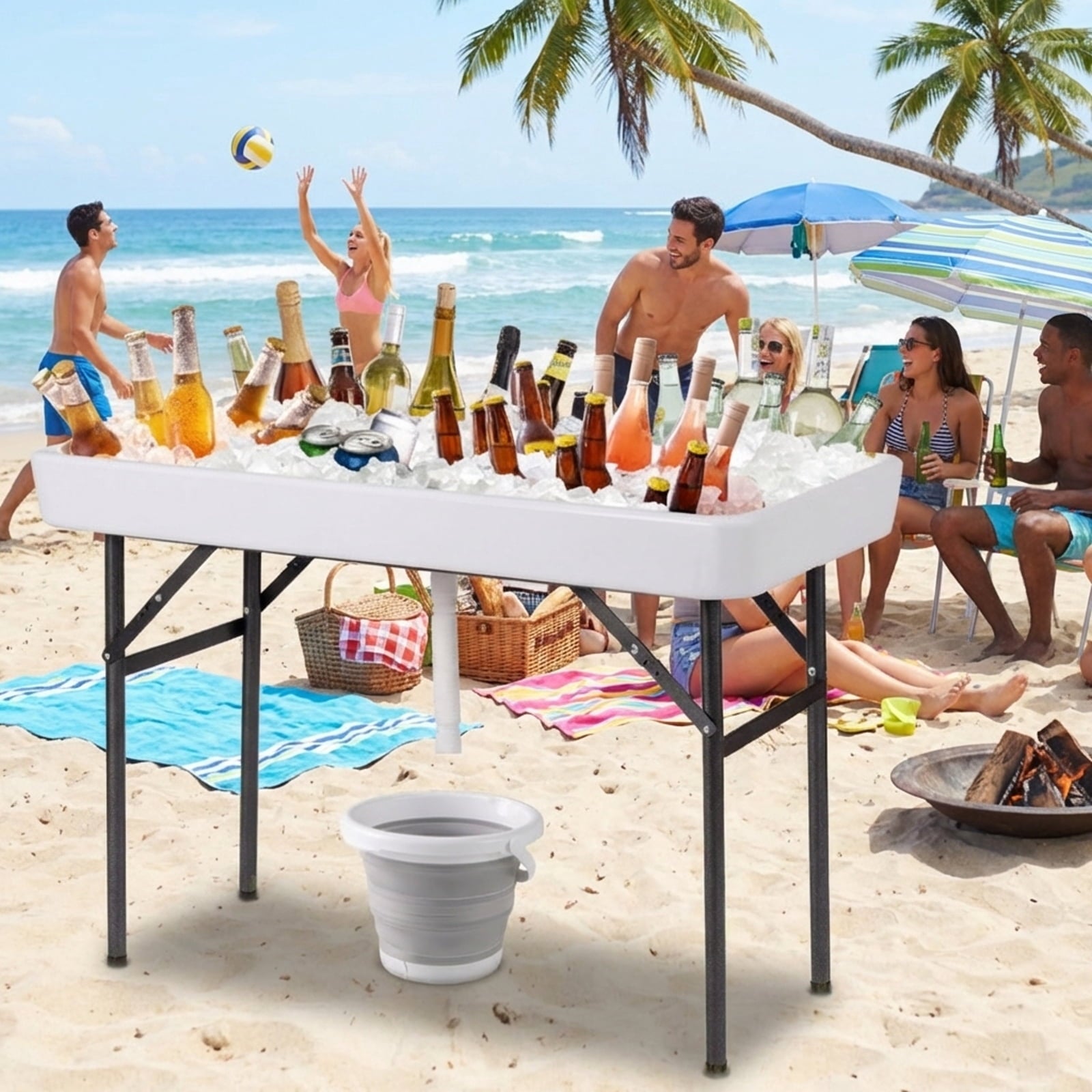Biotree 4 Feet Folding Ice Cooler Table with Matching Skirt Portable Party Table with Built-In Ice Bin for Events, White