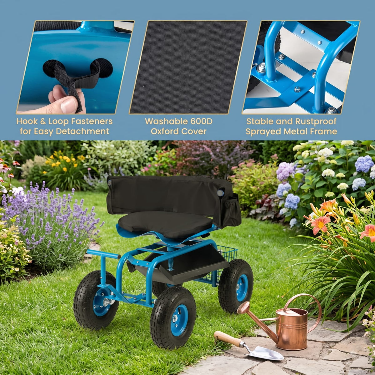 Biotree 330Lbs Rolling Garden Cart with 360¡ã Height Adjustable Swivel Seat, Garden Scooter with Storage Basket, Tool Tray for Weeding Planting Gardening Blue