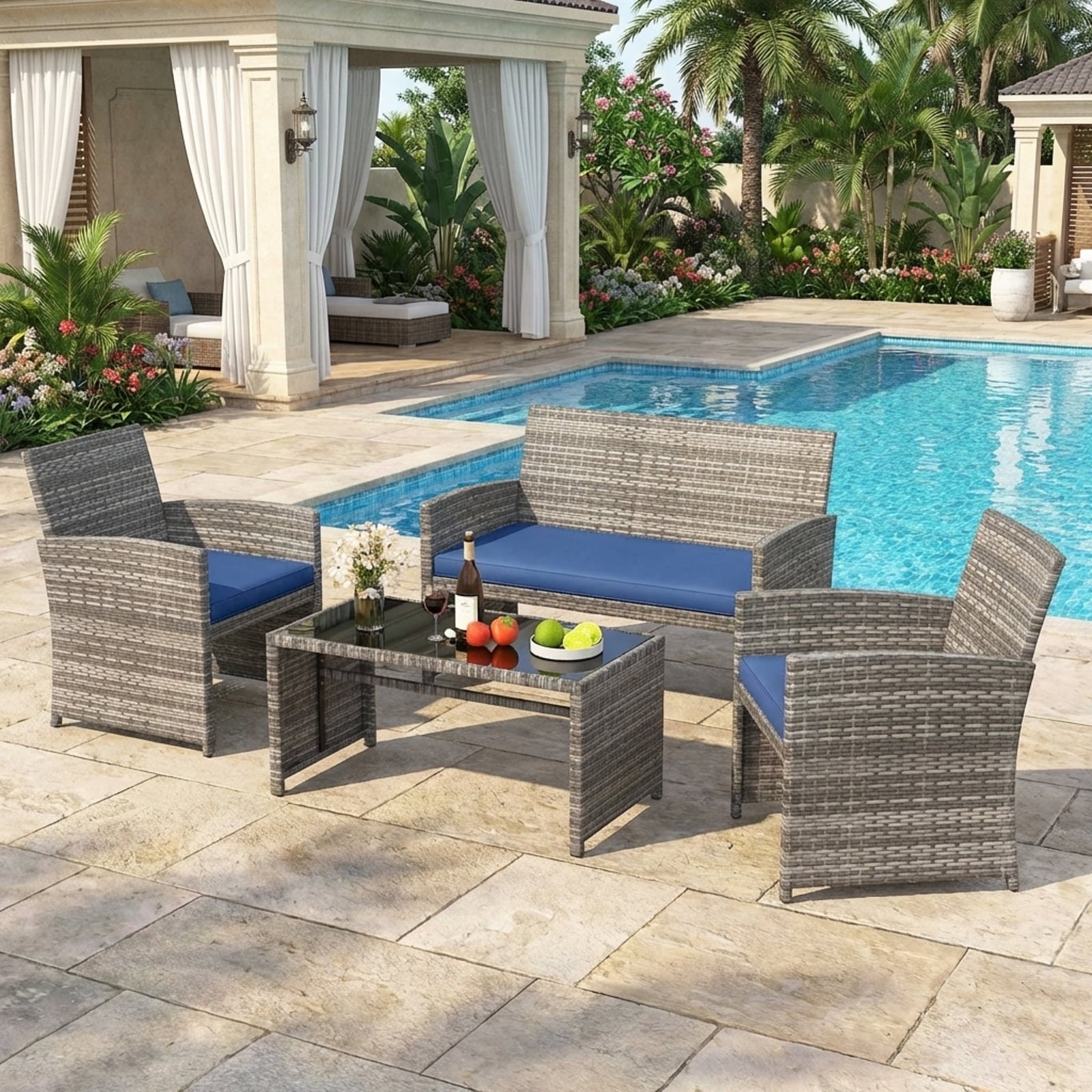 Biotree 4-Piece Patio Rattan Loveseat and Table Set-Navy