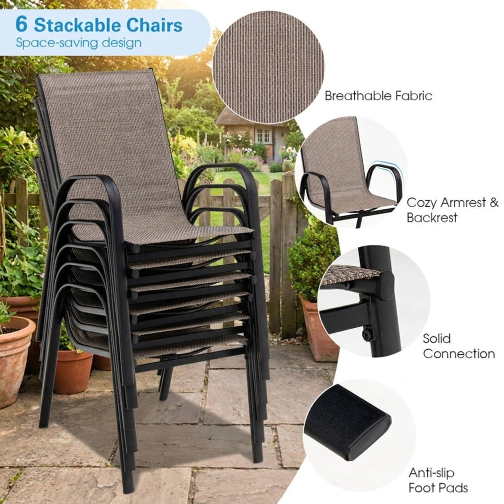 Biotree 6 Pieces Patio Stackable Dining Chairs with Curved Armrests and Breathable Fabric Stackable Patio Chair for Garden BackyardBrown