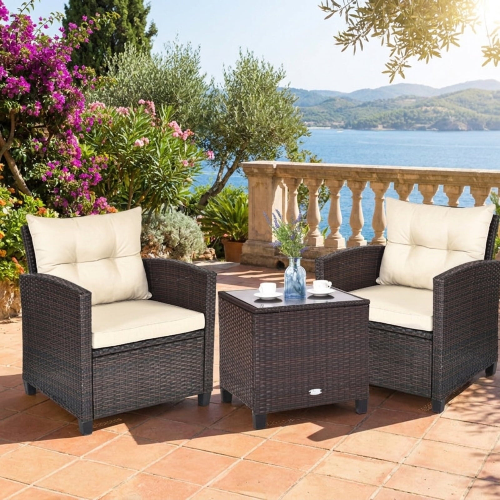 Biotree 3 Pcs Patio Rattan Furniture Set Cushioned Conversation Set Coffee Table Outdoor Conversation Set for Garden Backyard PorchBeige