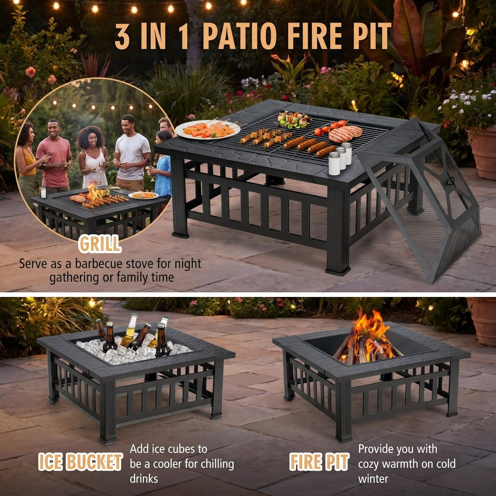 Biotree 32 Inch 3 in 1 Outdoor Square Fire Pit Table with BBQ Grill and Rain Cover for Camping for Outdoor Patio Backyard Garden Camping, Black