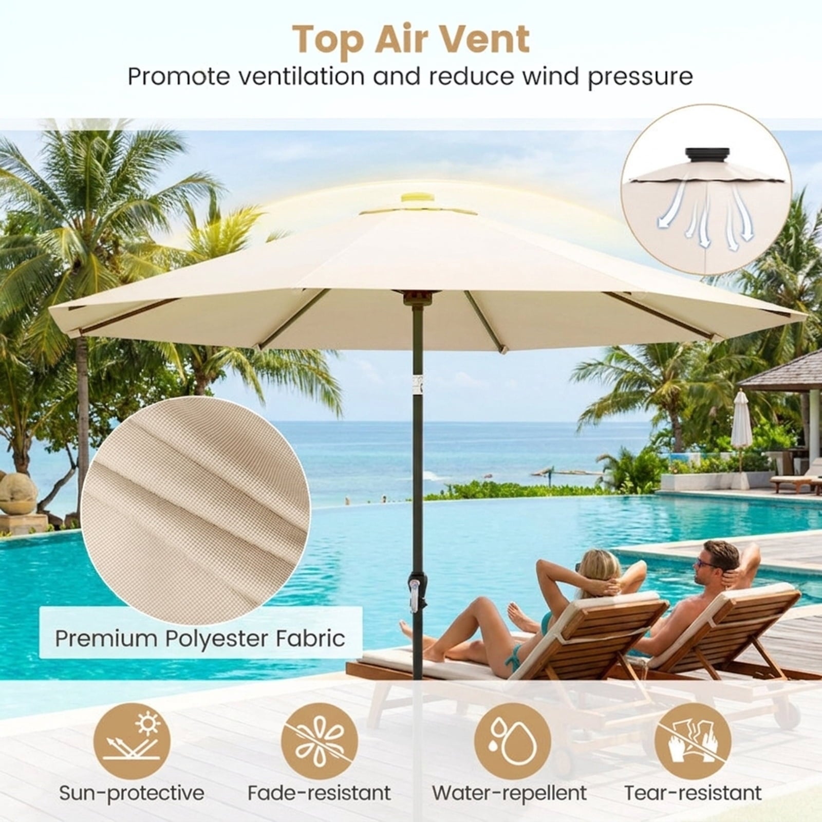 Biotree 10 ft Market Patio Umbrella with Crank and Tilt, 8 Sturdy Ribs, Vented Canopy - Beige for Backyard