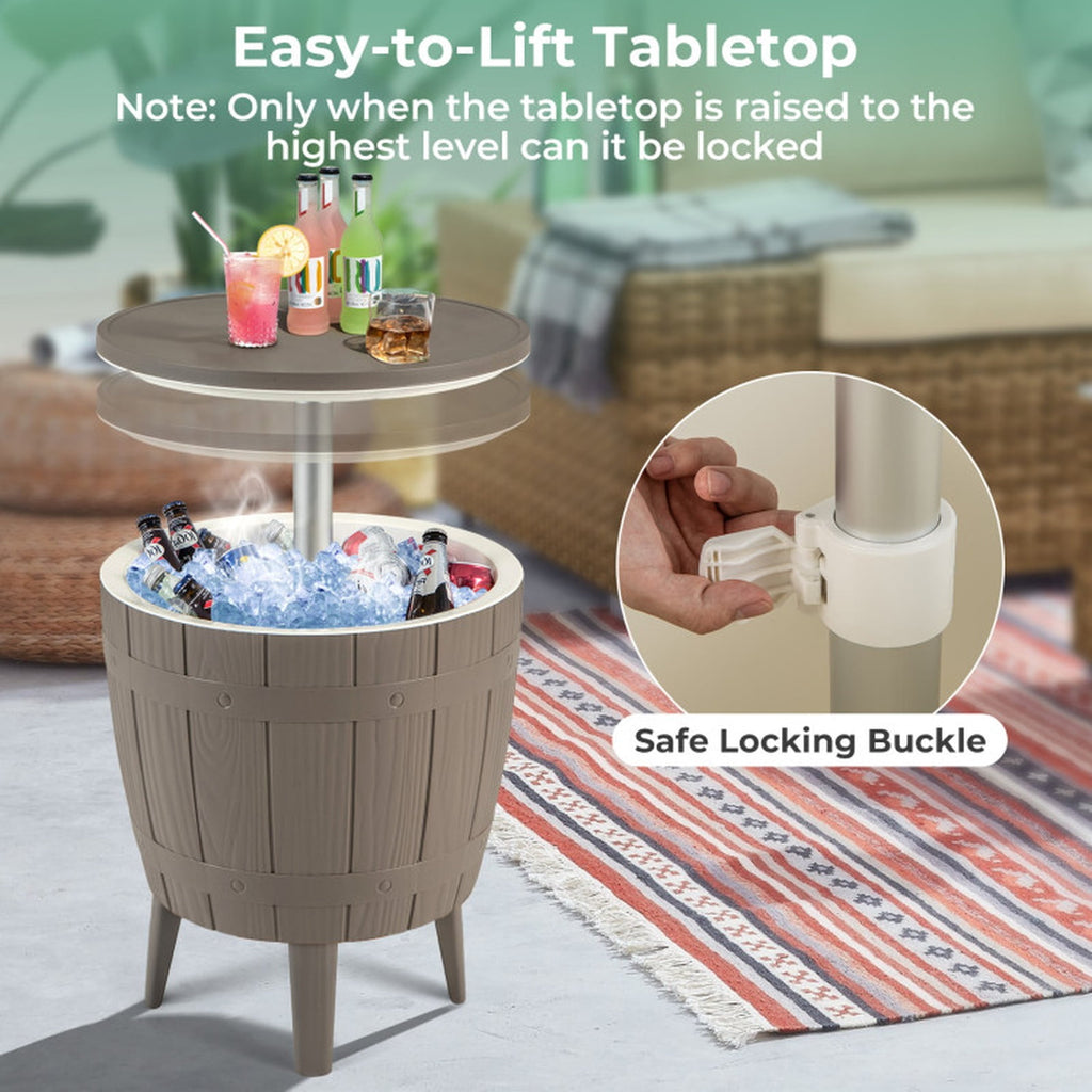 Biotree 10 Gallon Cooler Bar Table Outdoor Coffee Table Ice Bucket with Telescopic Tabletop for Beer and Wine, Brown