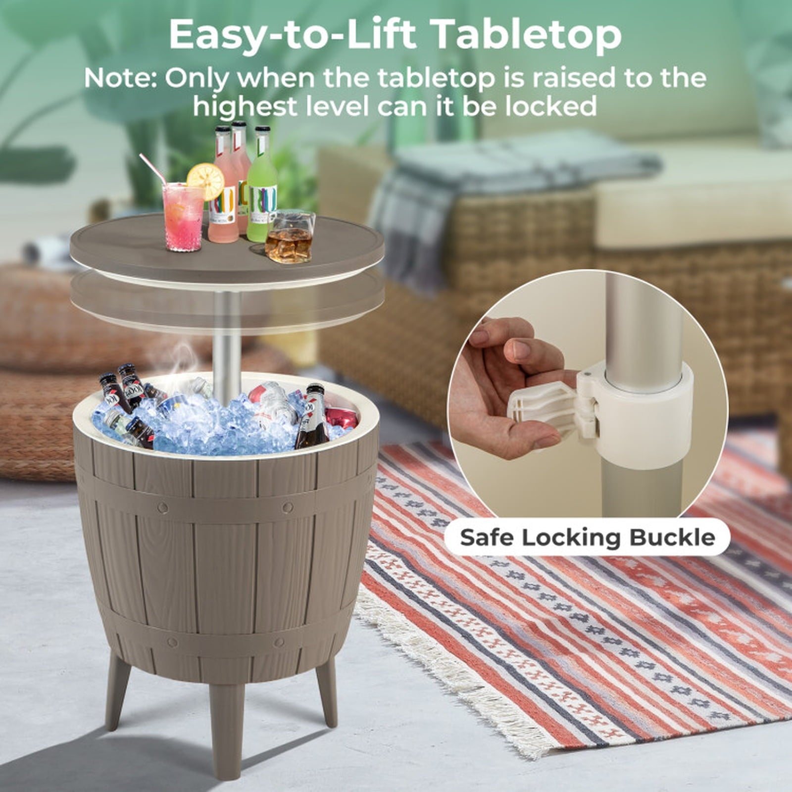 Biotree 10 Gallon Cooler Bar Table Outdoor Coffee Table Ice Bucket with Telescopic Tabletop for Beer and Wine, Brown