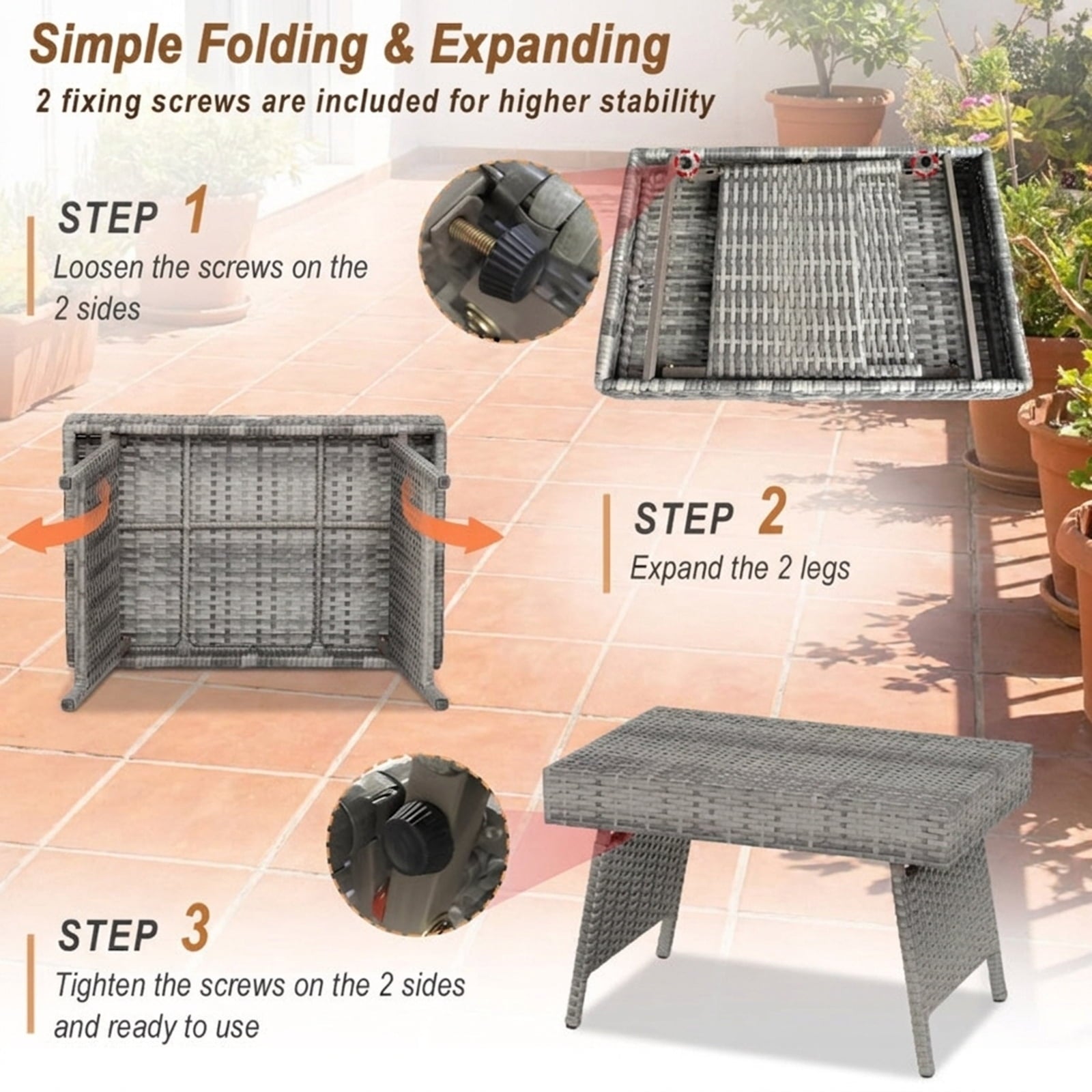 Biotree Folding PE Rattan Side Coffee Table Patio Garden Furniture, Gray