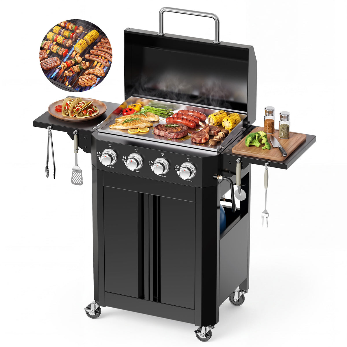 Biotree 4 Burner Propane Gas Grill and Griddle with Folding Side Tables,2 in 1 Griddle Grill Combo ,40000BTU Stainless Steel Propane Grill for Outdoor Patio Cooking