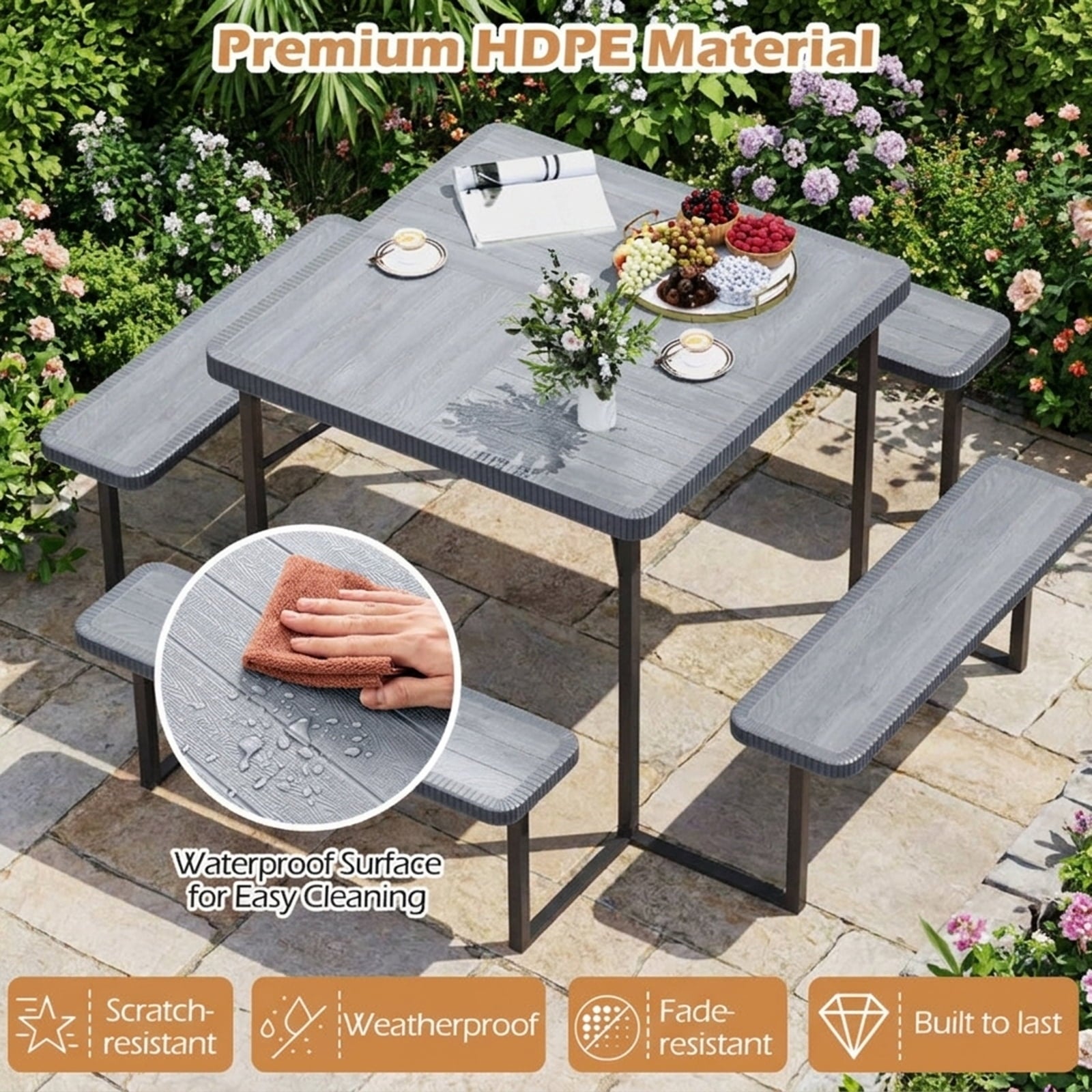 Biotree 63-Inch Outdoor Square Picnic Table Bench Set for 4-8 People with Umbrella Hole, Gray