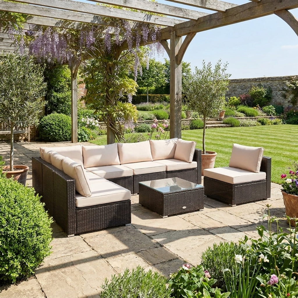Biotree 5 Pieces Cushioned Patio Rattan Furniture Set with Glass Table Outdoor Conversation Set for Garden Backyard PorchWhite