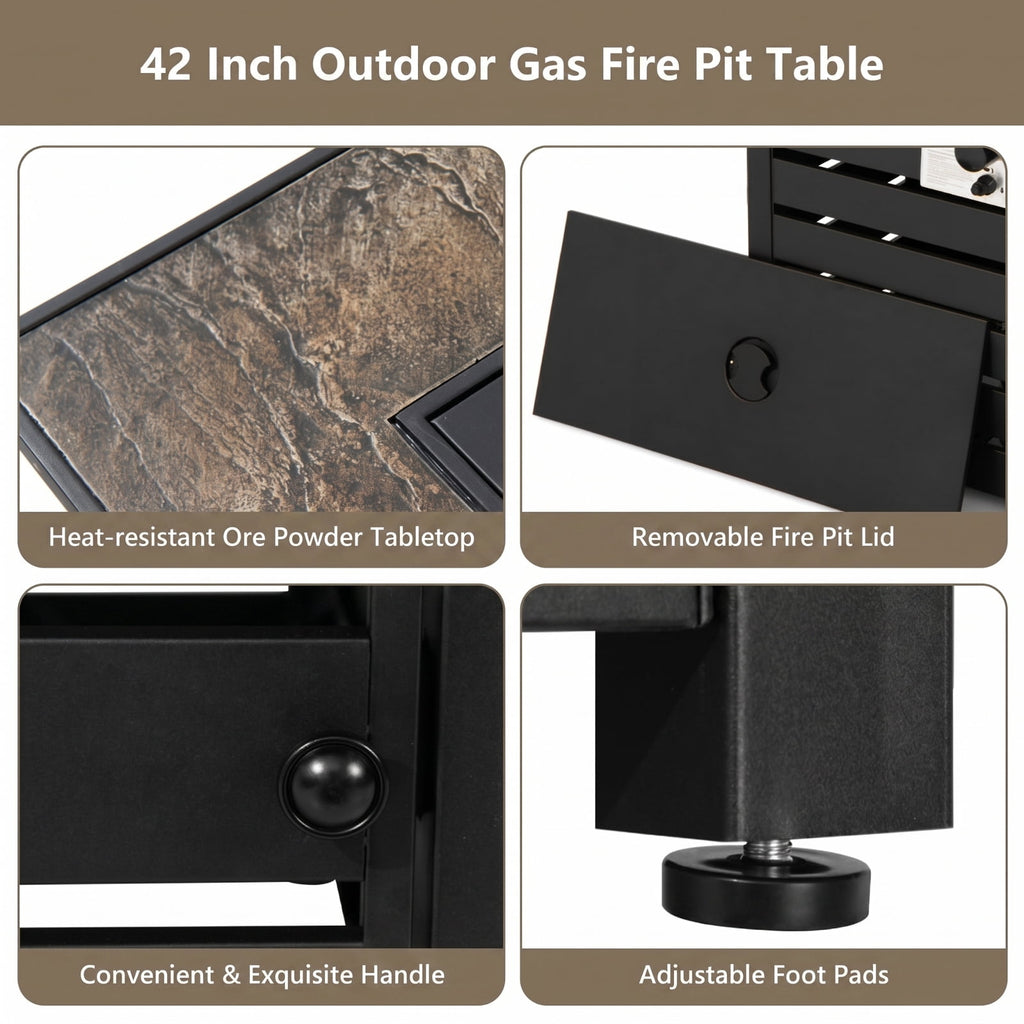 Biotree 42 Inch 50000 BTU Propane Fire Pit Table with Ore Powder Surface for Outdoor Patio Backyard Garden Camping, Black