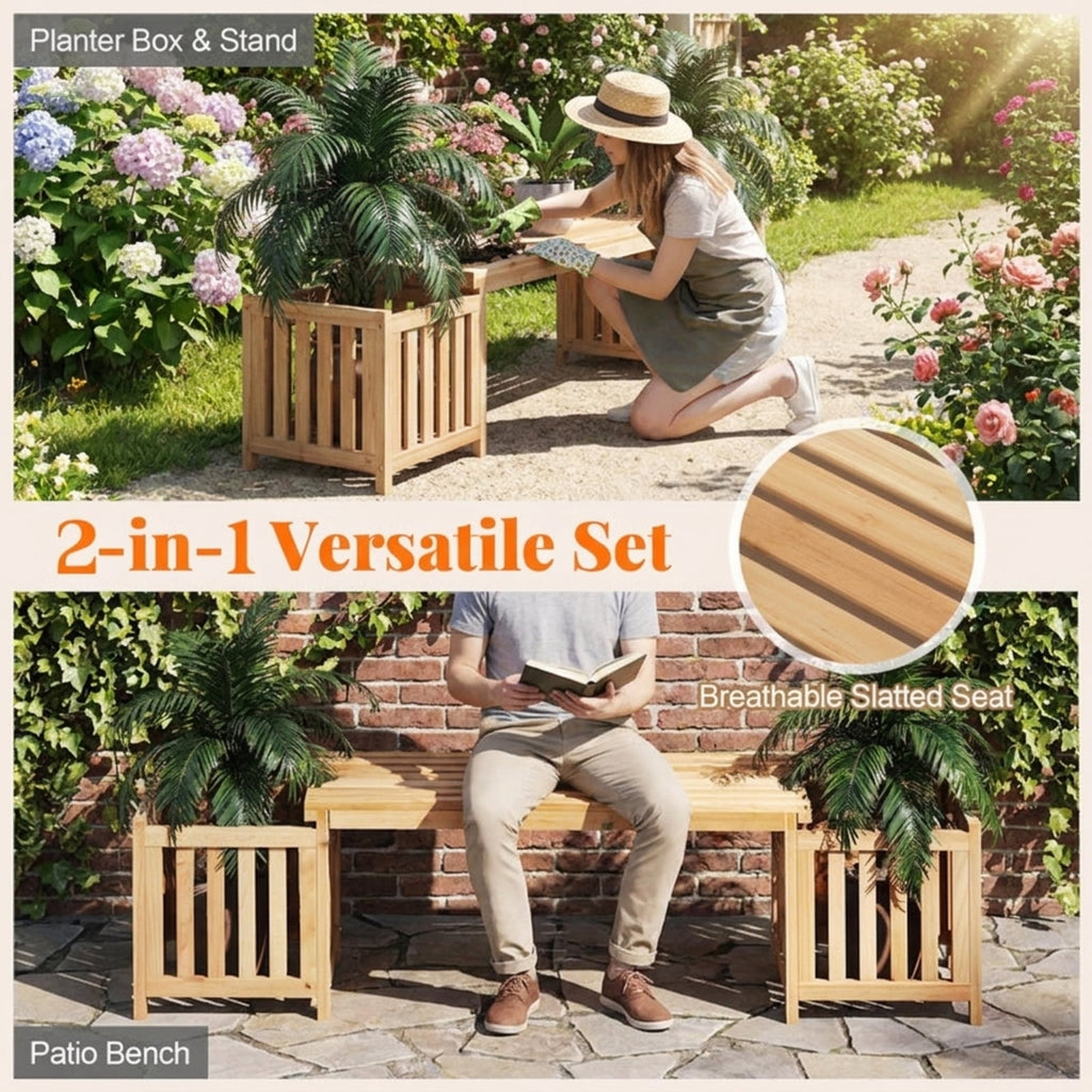 Biotree Patio Wooden Bench with Planter 2 Person Patio Bench Stackable Patio Chair for Garden BackyardNatural