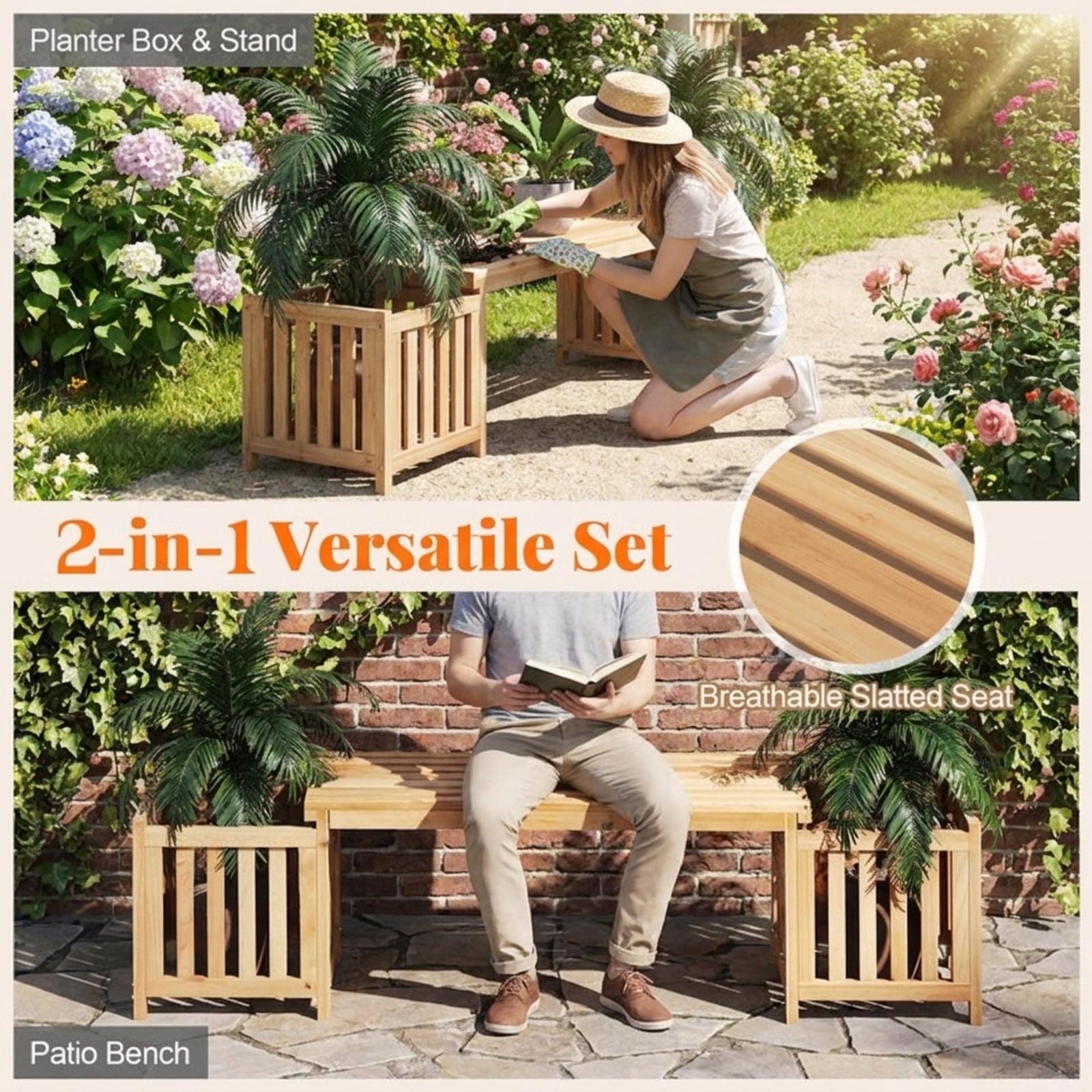 Biotree Patio Wooden Bench with Planter 2 Person Patio Bench Stackable Patio Chair for Garden BackyardNatural