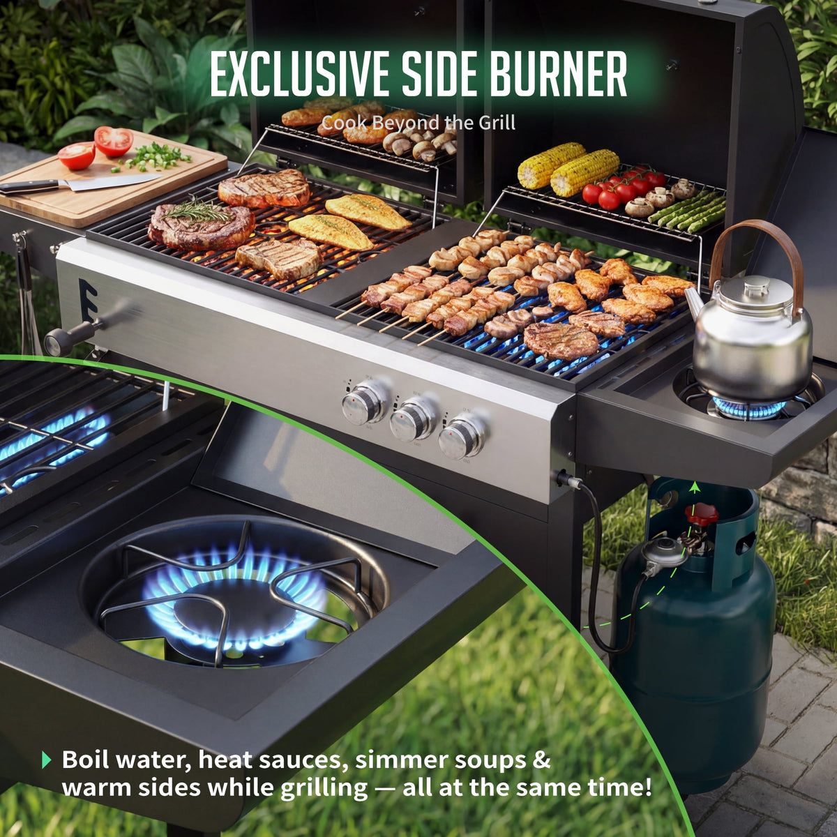 Biotree 3-Burner Gas and Charcoal Grill Combo, Dual Fuel 54,000 BTU BBQ Propane Grill with Side Burner for Backyard BBQ, Outdoor Cooking & Camping