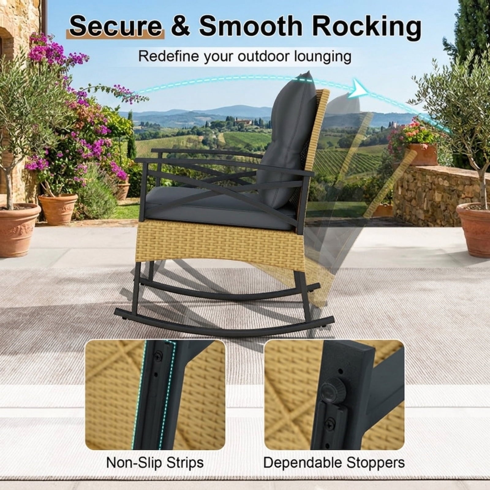 Biotree 3 Pieces Outdoor Rattan Rocking Chairs Set with 2-Tier Side Table for Garden Backyard Outdoor Conversation Set for Garden Backyard PorchGray
