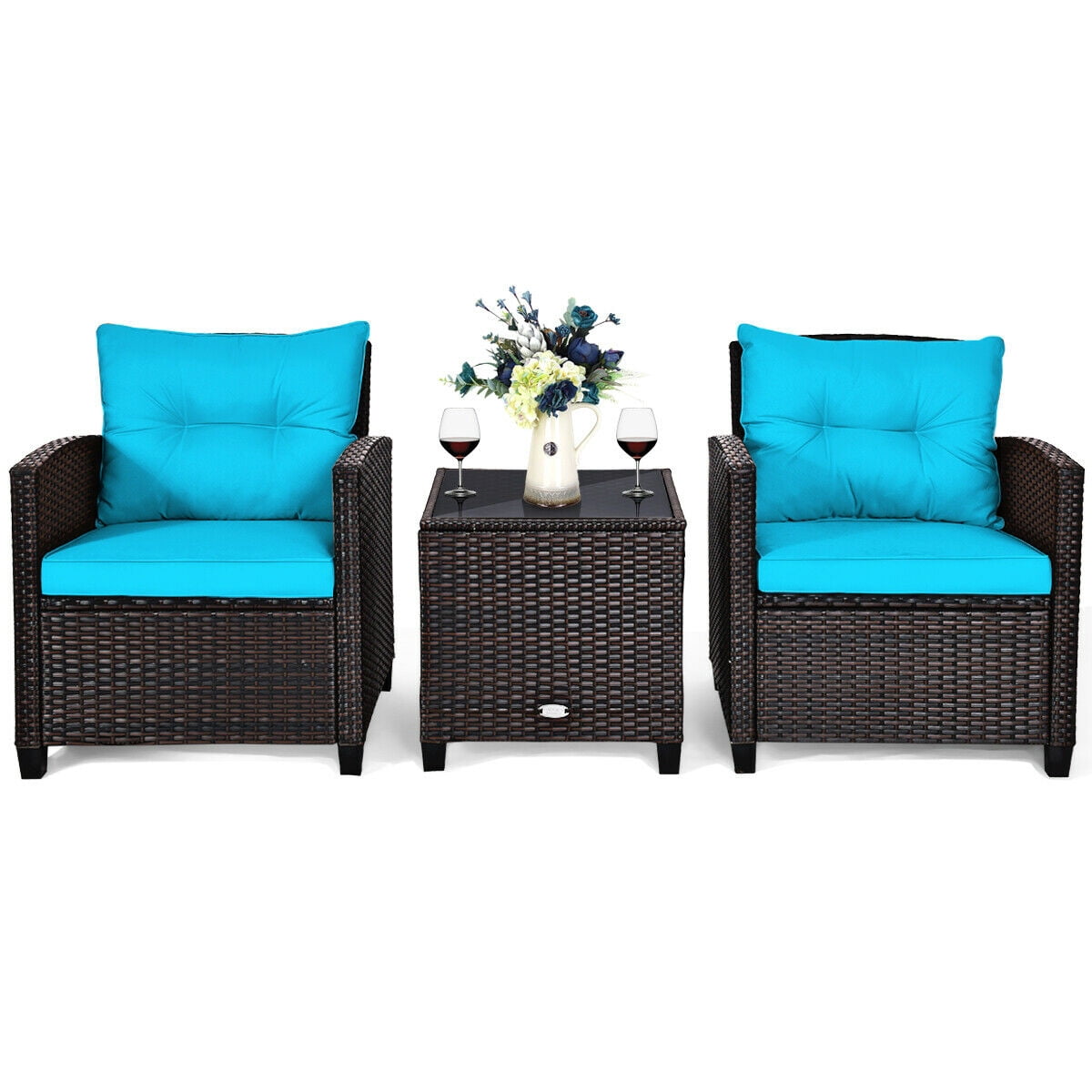 Biotree 3-Piece Patio Rattan Conversation Set with Table-Turquoise