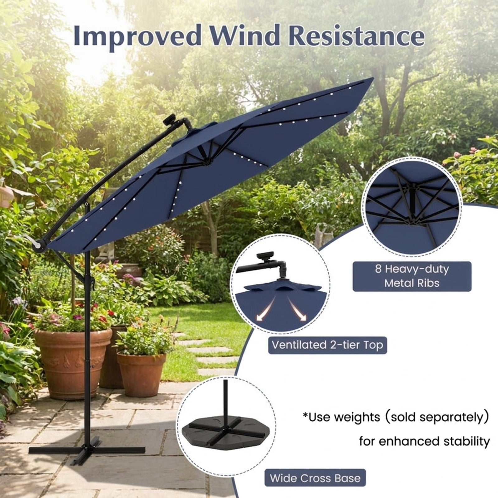 Biotree 10 ft Solar LED Cantilever Patio Umbrella Offset Hanging with Cross Base, 8 Ribs - Navy Blue