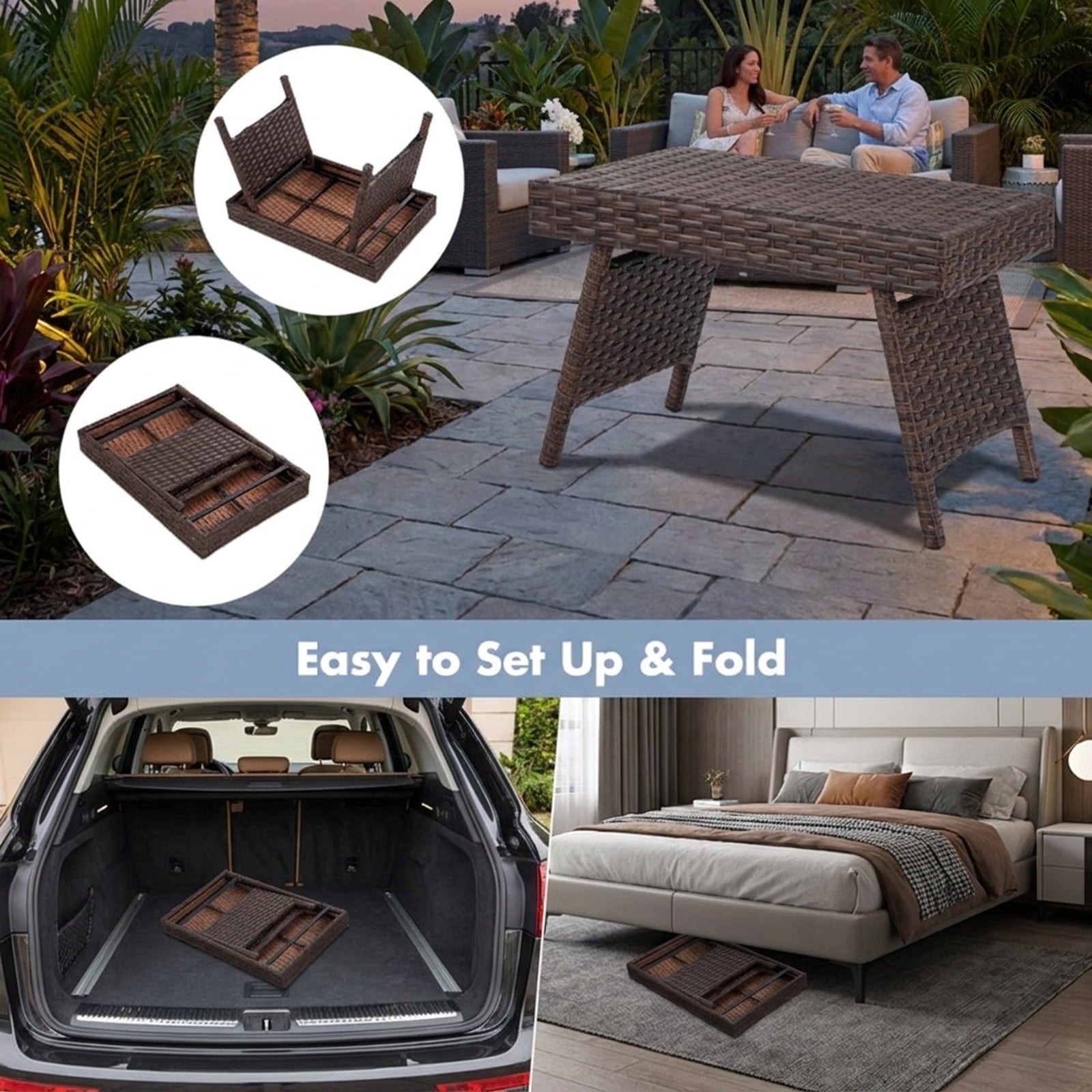 Biotree Folding PE Rattan Side Coffee Table Patio Garden Furniture, Black