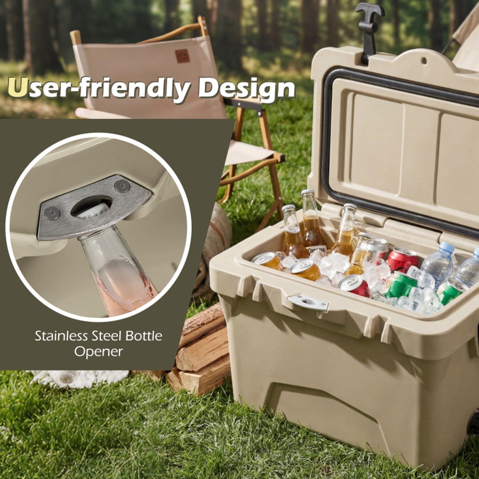 Biotree 20 Quart Portable Hard Cooler with 6-Day Ice Retention and 2 Cup Holders, Khaki