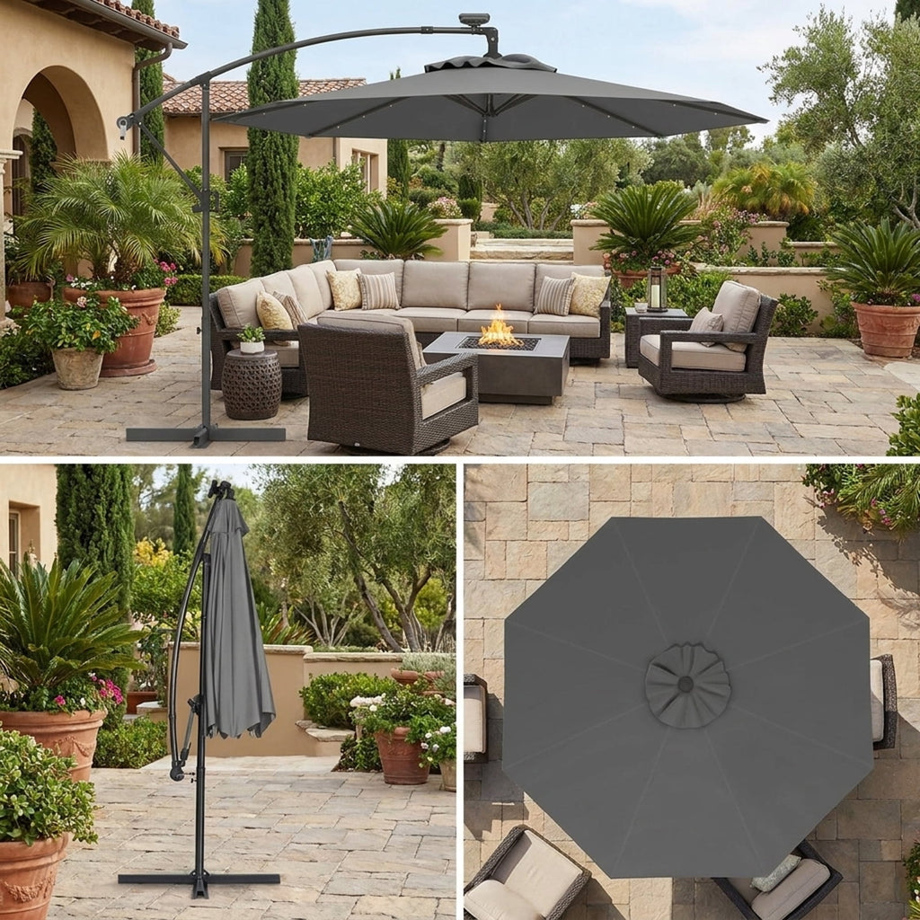 Biotree 10 ft Cantilever Offset Patio Umbrella Solar LED Lights Outdoor Shade - Gray - UV Protection