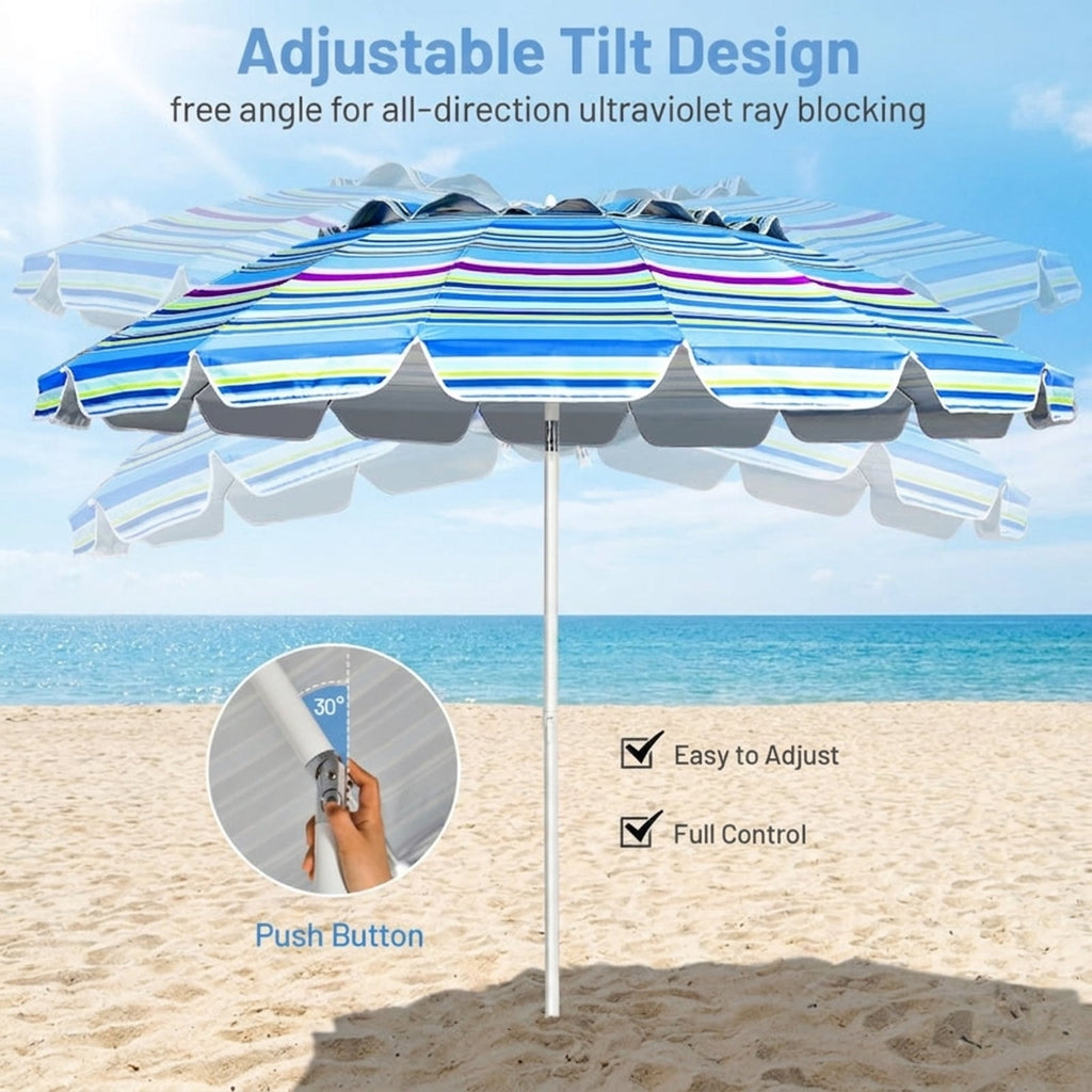 Biotree 8.0 ft Portable Beach Umbrella with Carrying Bag, 16 Ribs, Sand Tilt Mechanism - Blue for Backyard