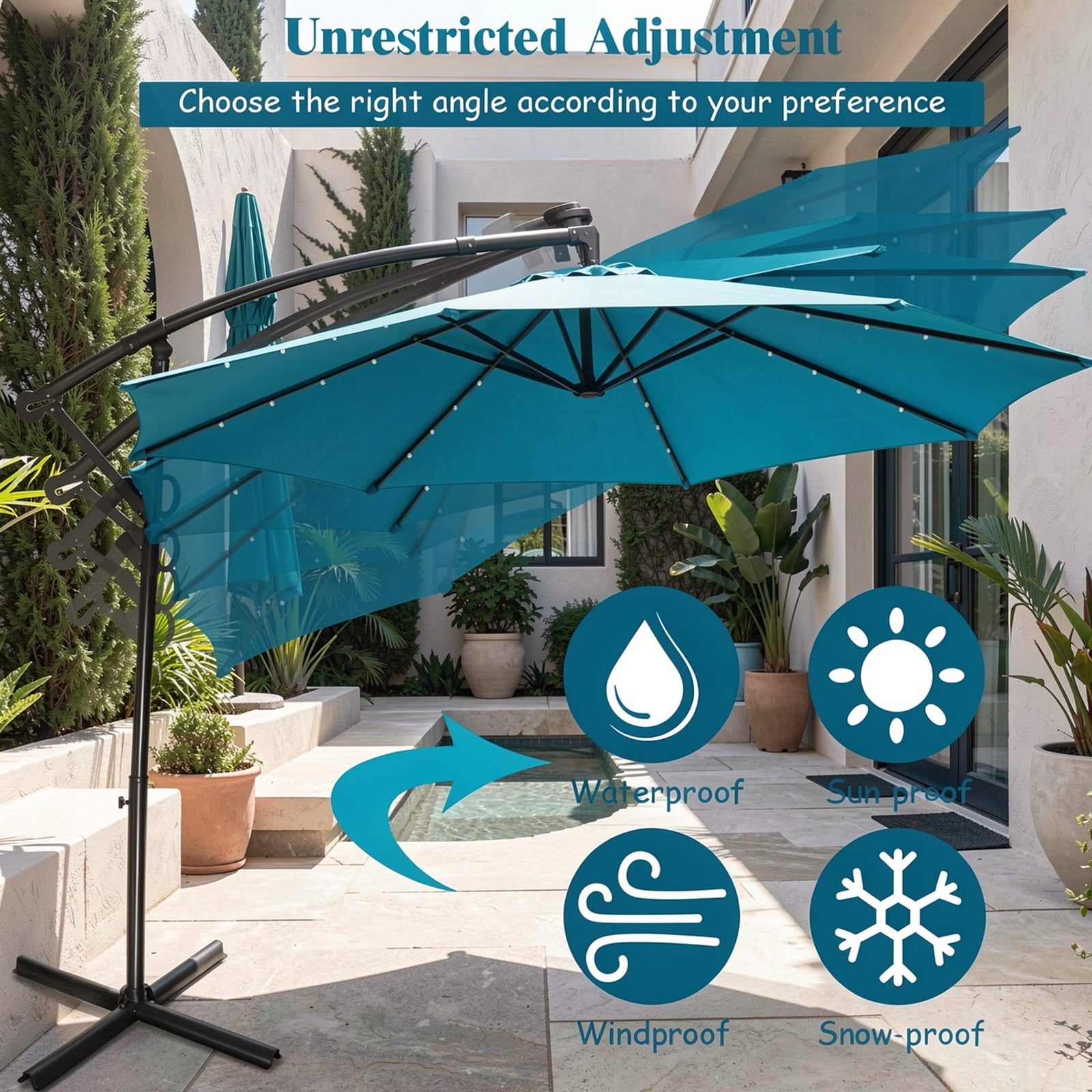 Biotree 10FT 360¡ã Rotation Solar Powered LED Patio Offset Umbrella-Turquoise Outdoor Backyard Hanging
