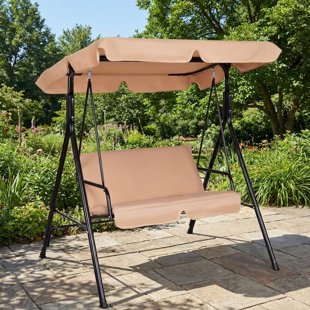 Biotree Loveseat Cushioned Patio Steel Frame Swing Glider -Beige Outdoor Garden Relaxation Deck Porch