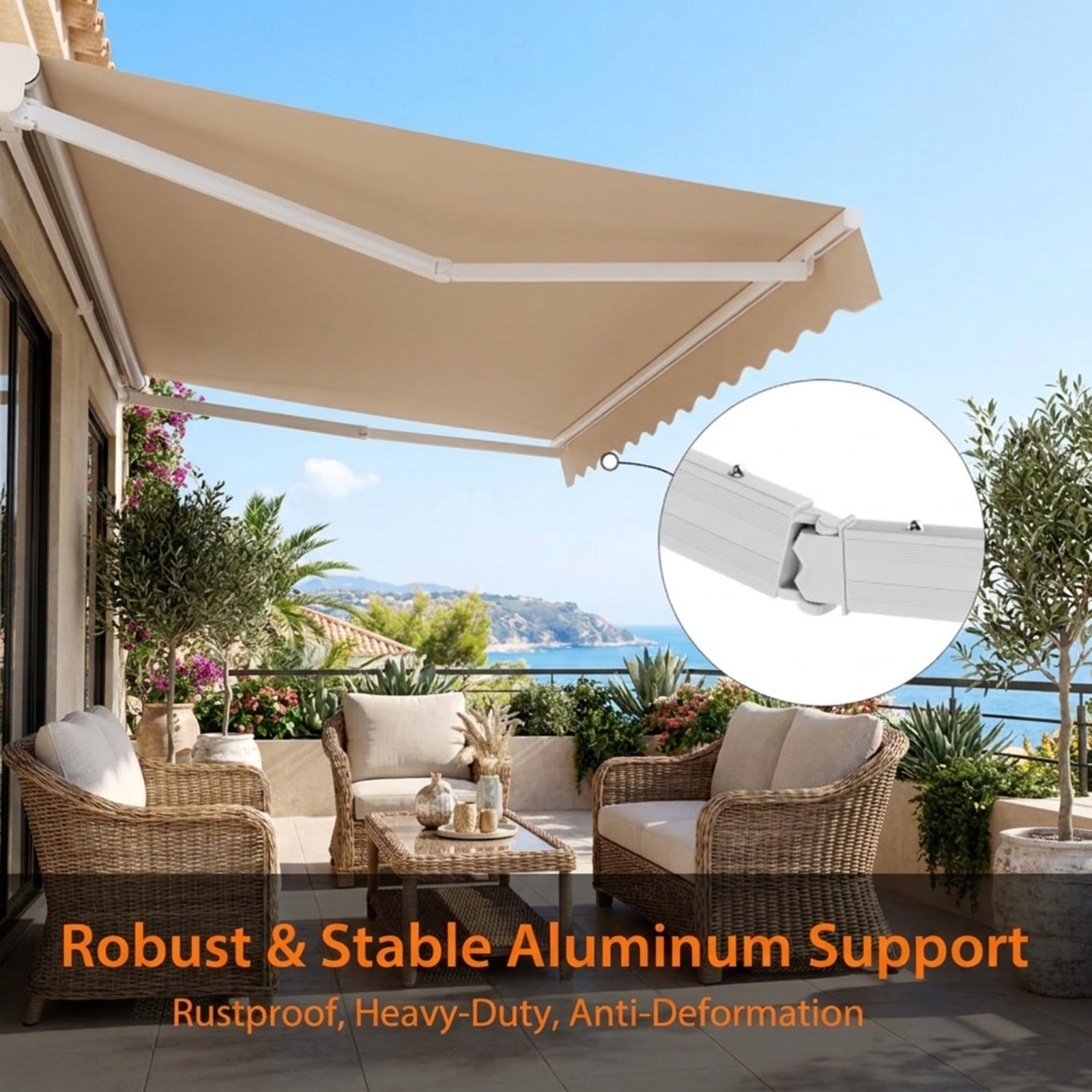 Biotree 12 x 10 Feet Patio Retractable Awning Aluminum Sunshade Shelter for Patio Deck Door Window Sun Rain Protection, Beige