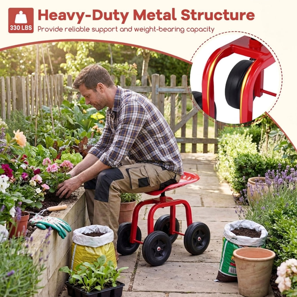 Biotree Garden Rolling Workseat with 360¡ã Swivel Seat and Adjustable Height for Garden Yard Lawn Work Outdoor, Red