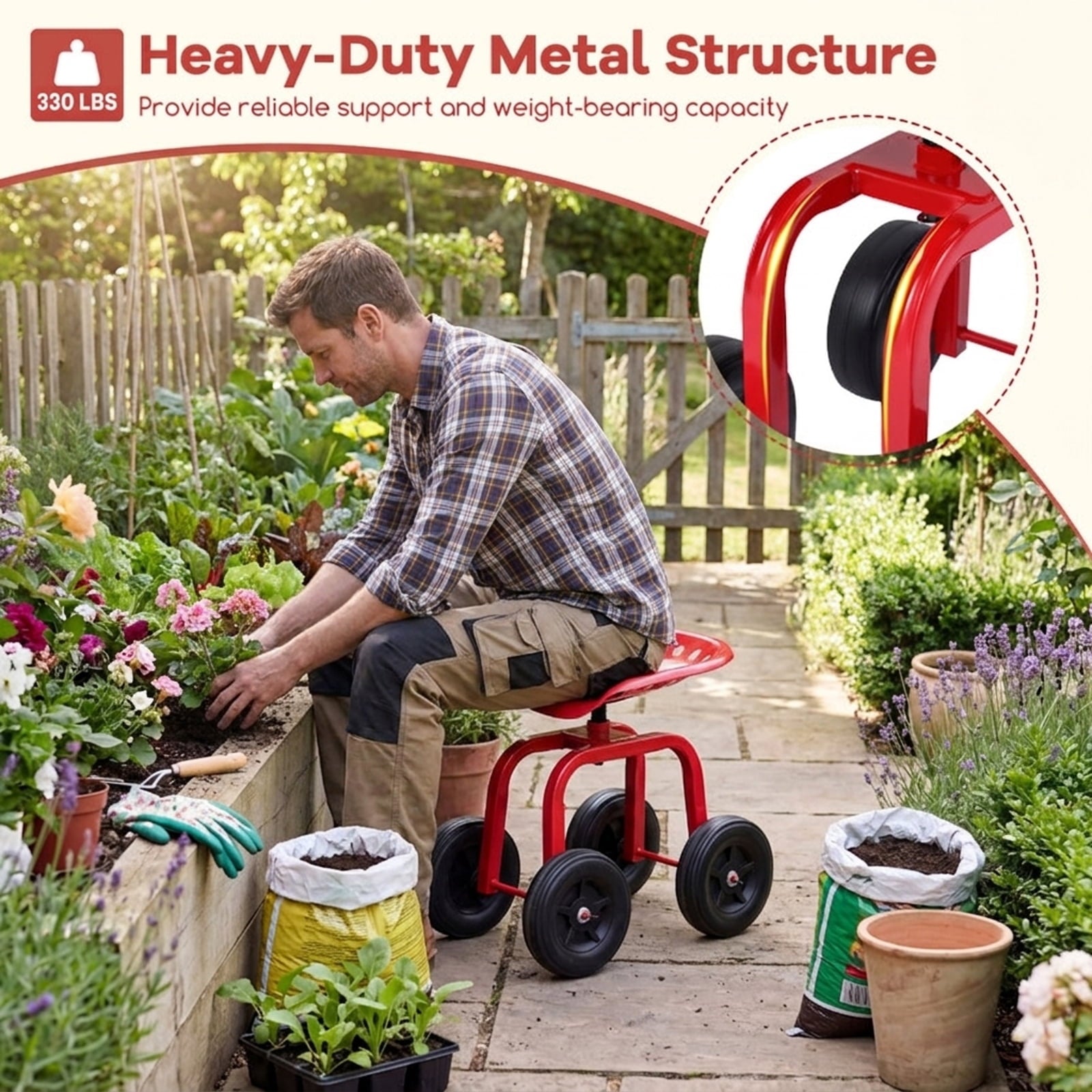 Biotree Garden Rolling Workseat with 360¡ã Swivel Seat and Adjustable Height for Garden Yard Lawn Work Outdoor, Red