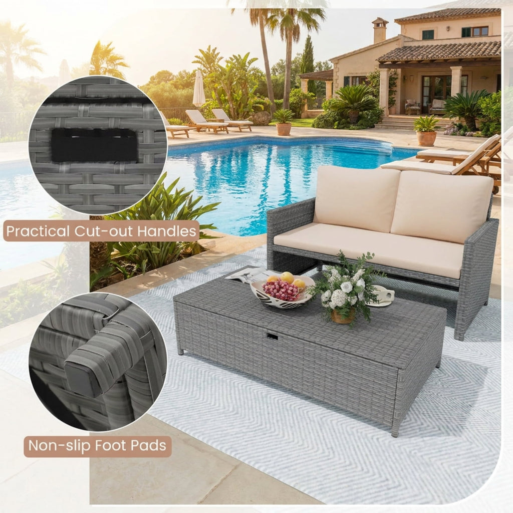 Biotree Outdoor Rattan Daybed Wicker Loveseat and 31 Gallon Storage Ottoman Outdoor Conversation Set for Garden Backyard PorchBrown