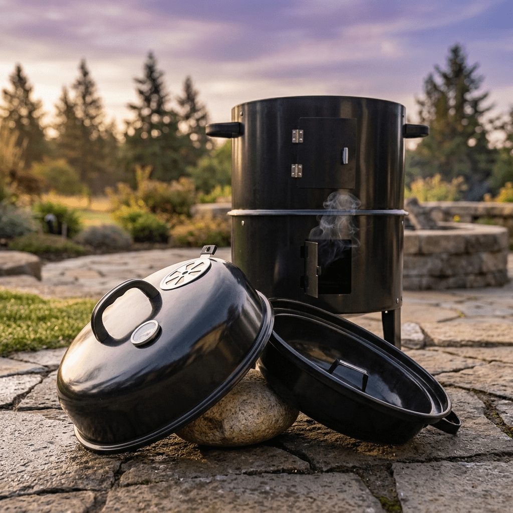 Biotree Outdoor Vertical Charcoal Grill with Lid, Smokeless BBQ Smoker, 360¡ã Even Heating Wood Fired Grill, Charcoal BBQ Cooker for Backyard Patio Camping Cooking Black