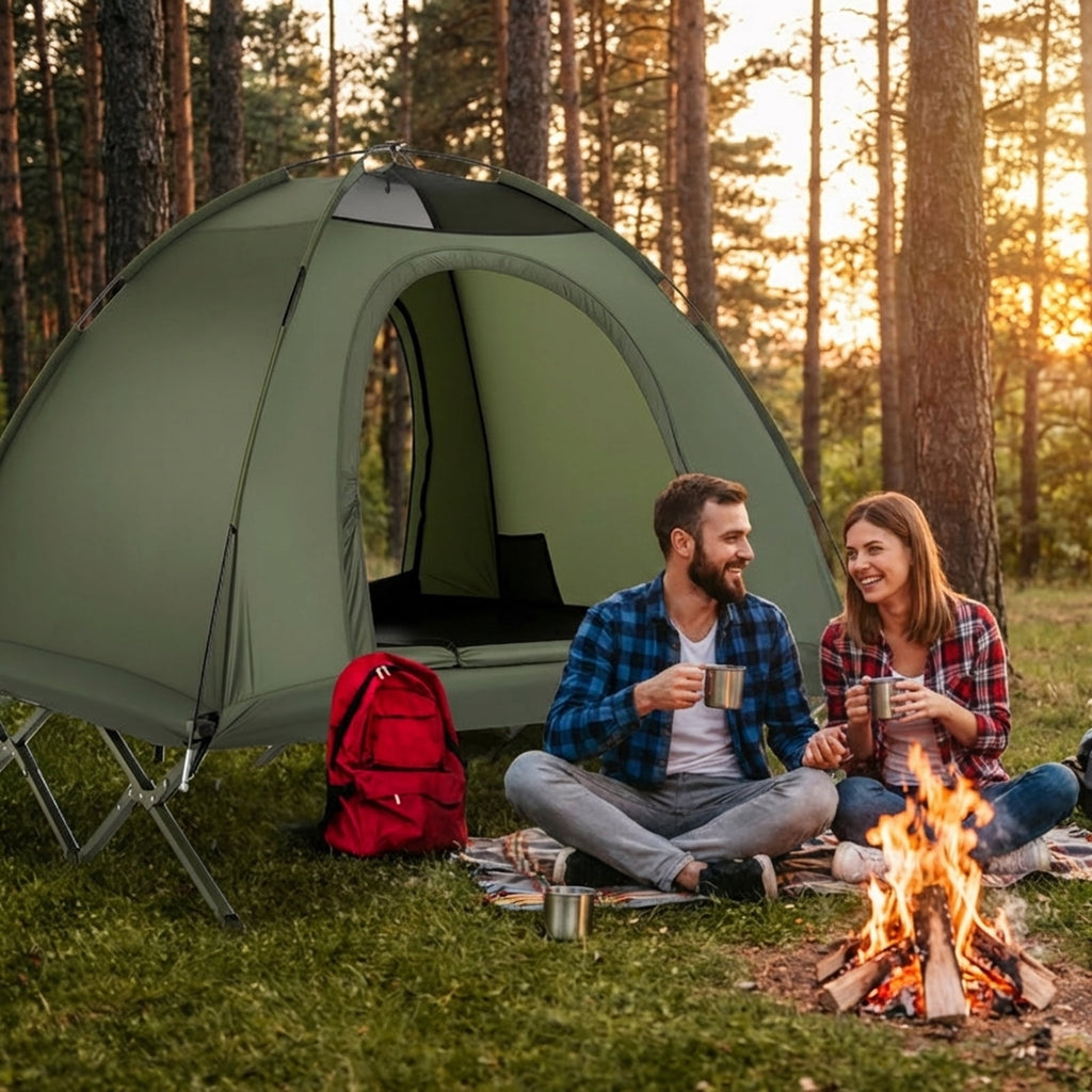 Biotree 2-Person Foldable Off-Ground Camping Cot Tent with Pop Up Shelter and Wheeled Carry Bag, Green