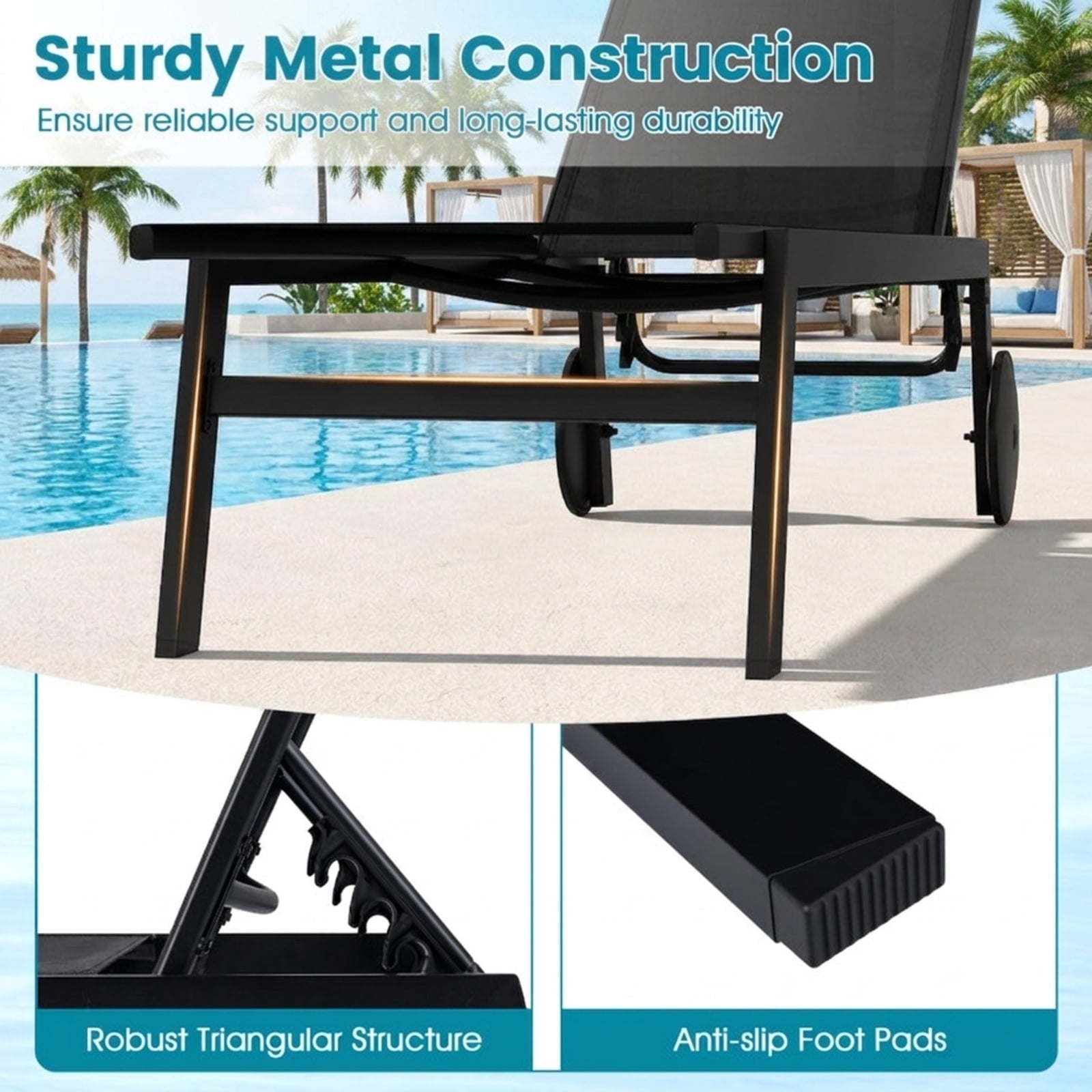 Biotree Patio Chaise Lounge Chair with Wheels and 6-Level Adjustable Backrest Set of 1 Stackable Patio Chair for Garden BackyardBlack