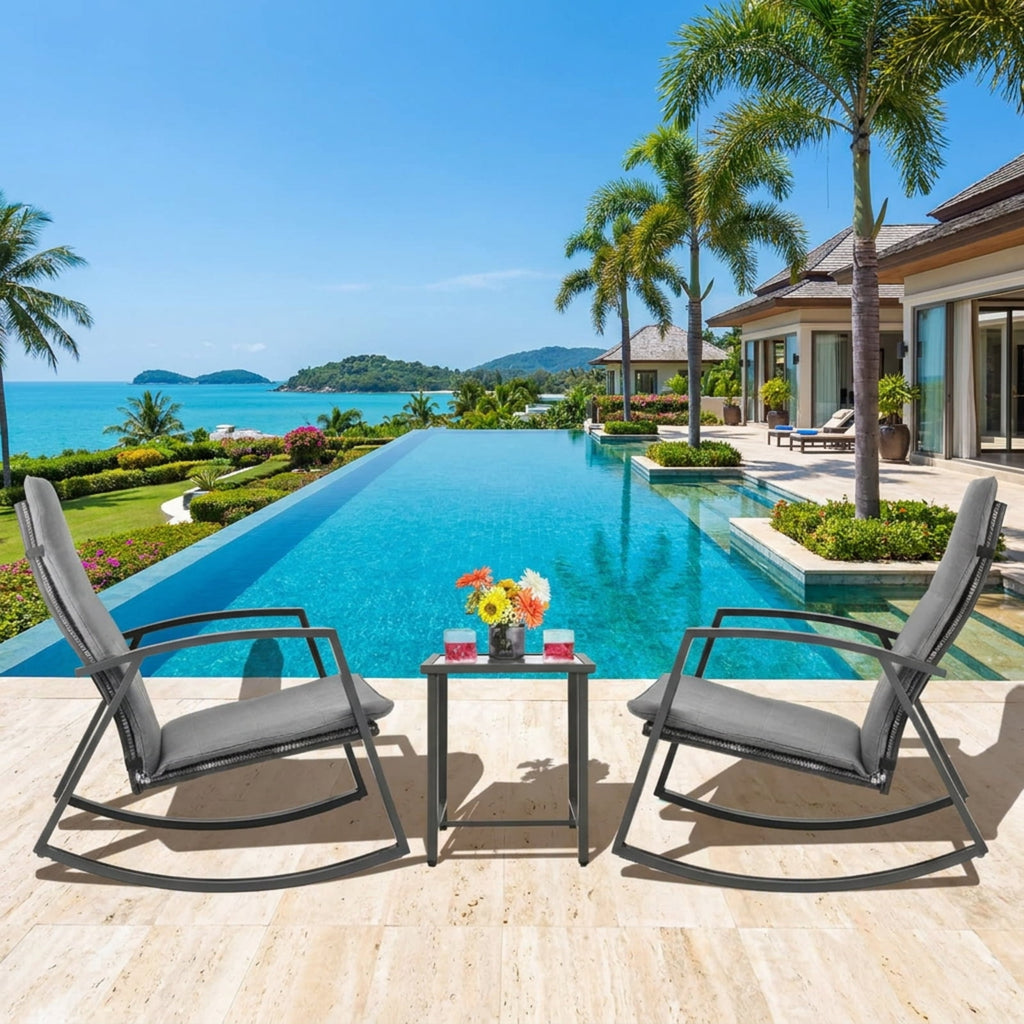 Biotree 3 Pieces Patio Rattan Rocking Furniture Set Outdoor Conversation Set for Garden Backyard PorchGray