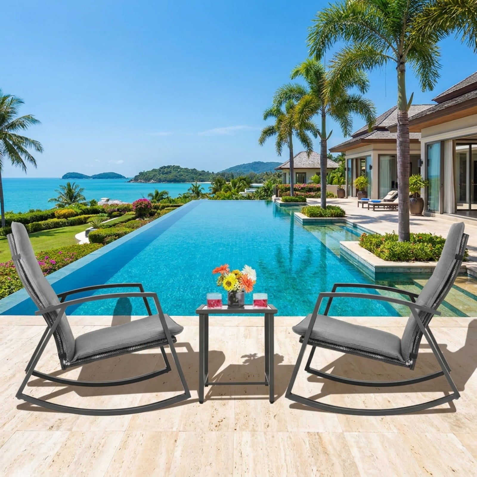 Biotree 3 Pieces Patio Rattan Rocking Furniture Set Outdoor Conversation Set for Garden Backyard PorchGray