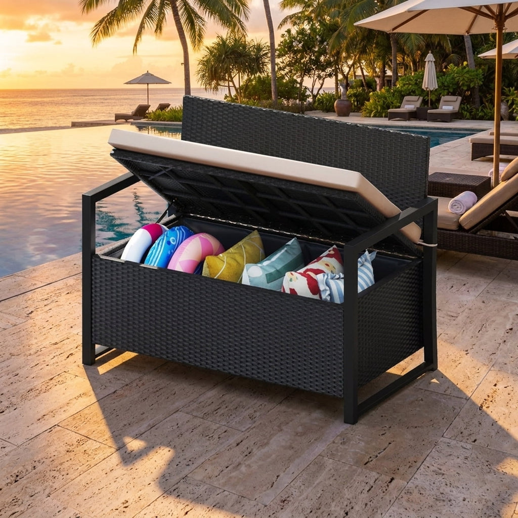 Biotree Patio Storage Bench Outdoor Wicker Loveseat with Built-in 40-Gallon Weatherproof Storage and Cushion , Brown