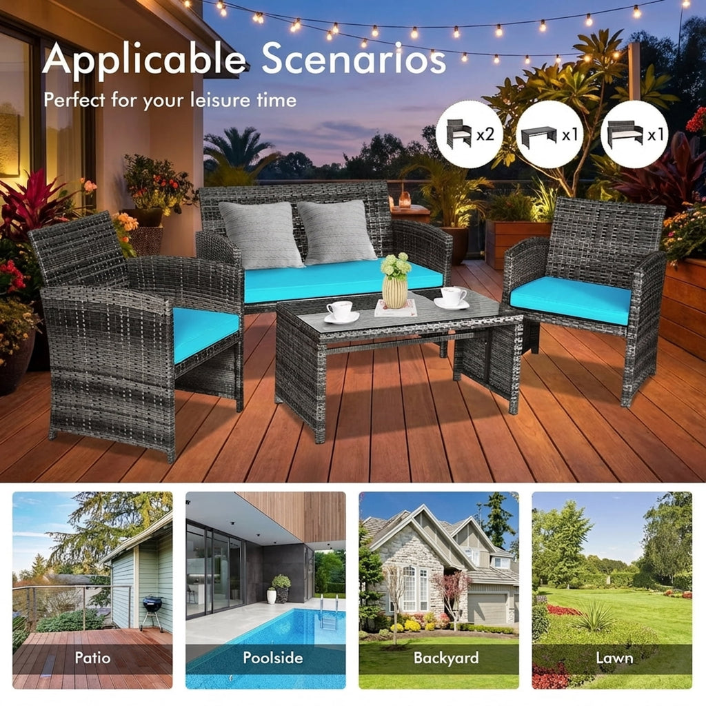 Biotree 4-Piece Patio Rattan Furniture Set-Turquoise