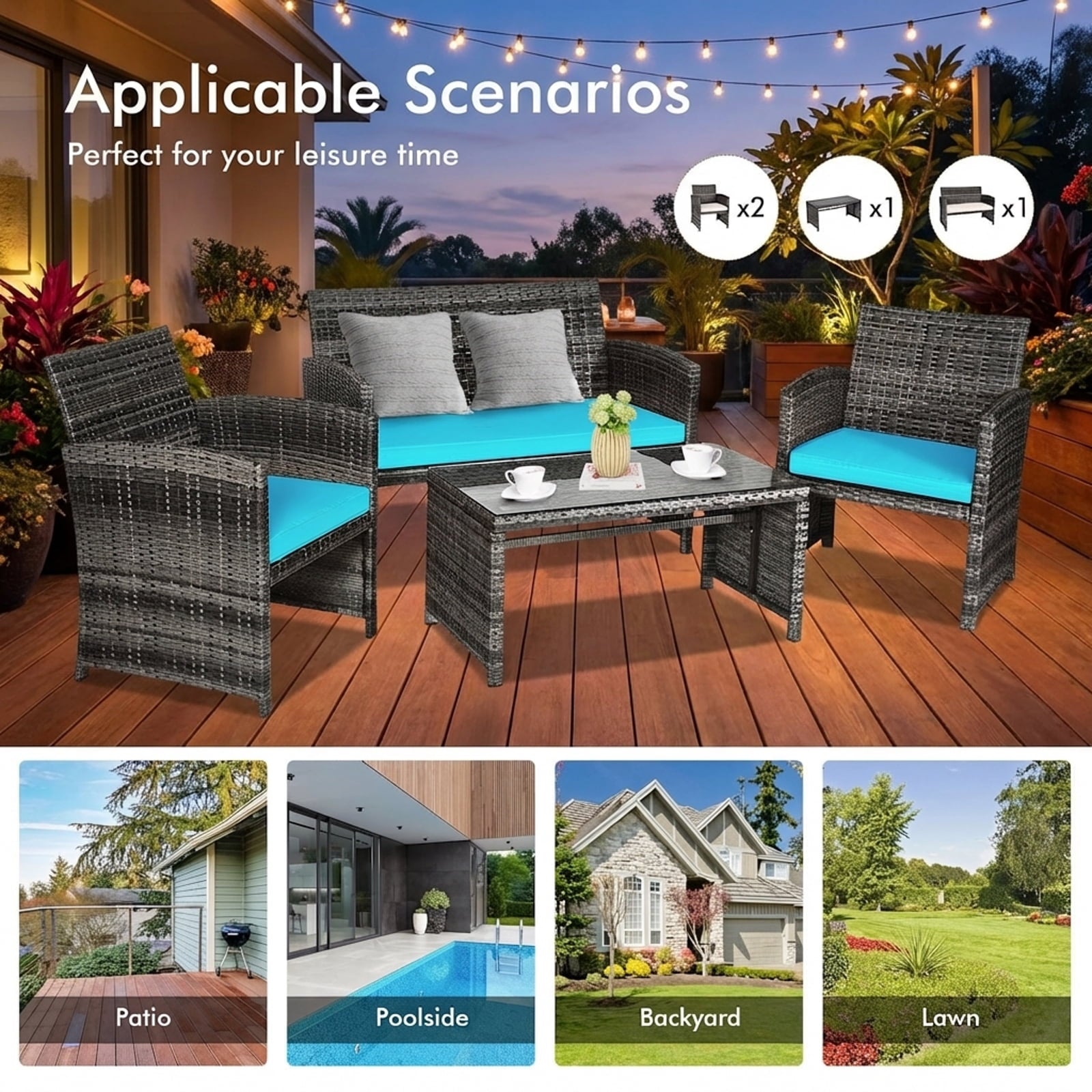 Biotree 4-Piece Patio Rattan Furniture Set-Turquoise