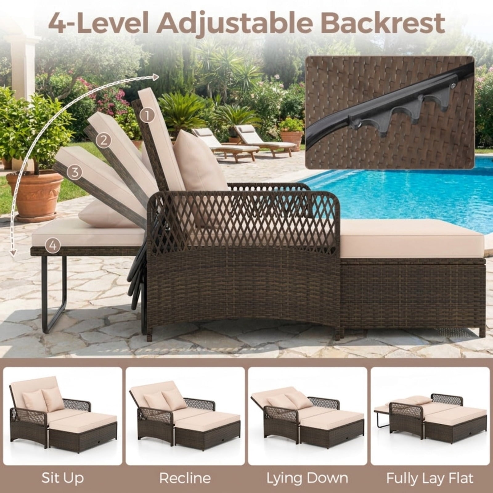 Biotree Patio Adjustable Wicker Daybed with 4-Level Backrest and Soft Cushions Outdoor Conversation Set for Garden Backyard PorchBeige