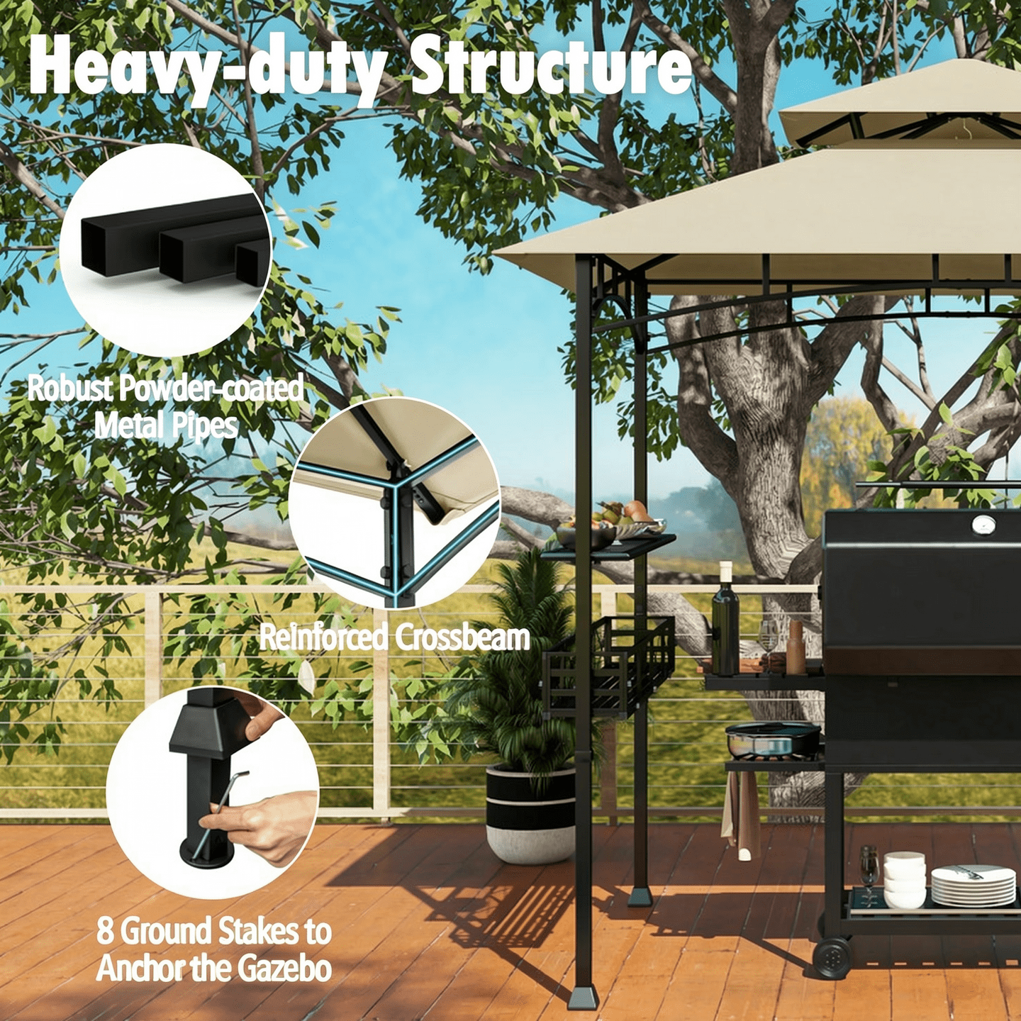 Biotree 8 x 5 Feet Outdoor Grill Gazebo with 2 Side Shelves and 10 Hooks Beige - Outdoor Patio Backyard Garden Shade Canopy Shelter