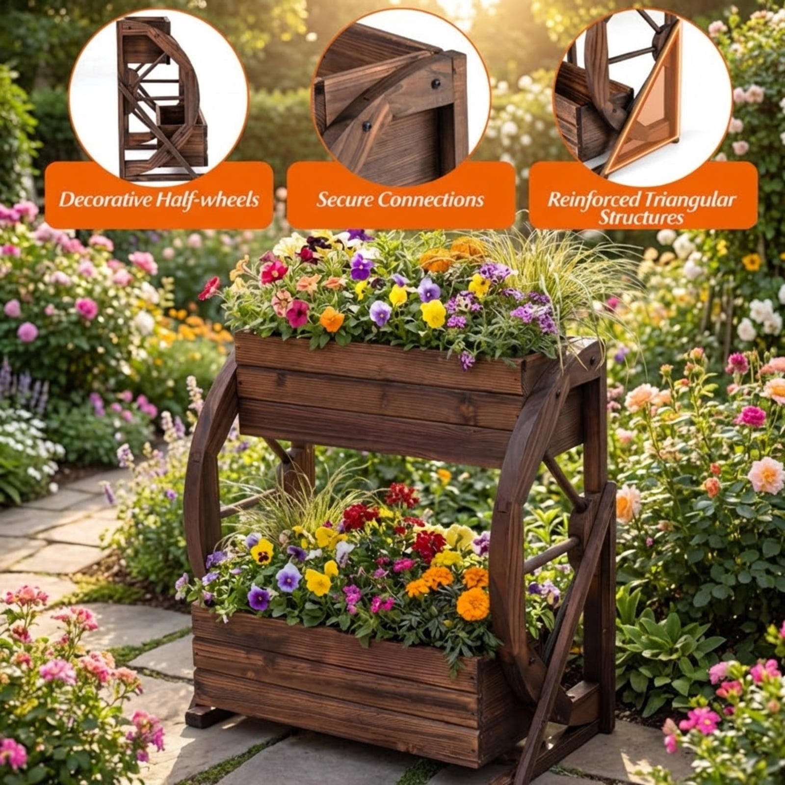 Biotree 2-tier Raised Garden Bed Rustic Wood Wagon Planter with Drainage Holes and Semi-wheels-Coffee Brown